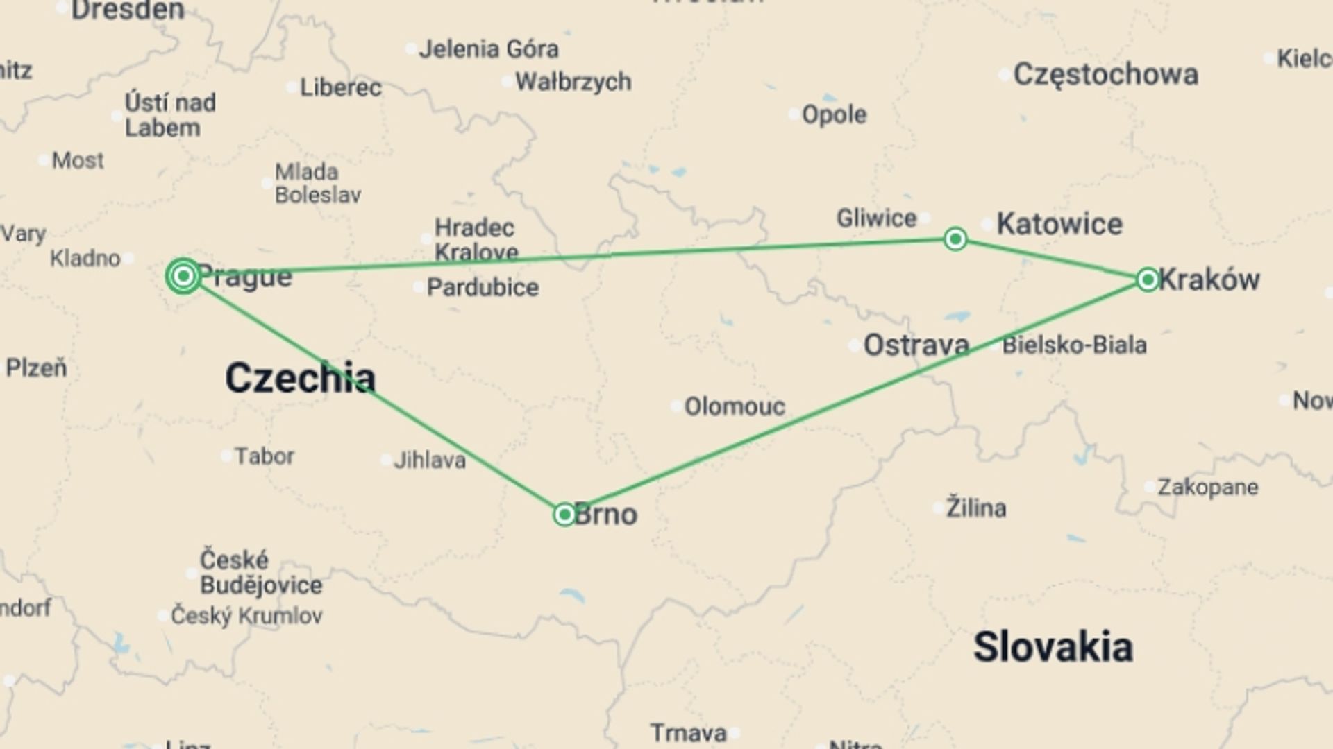 A map showing the tour itinerary for the trip: Czech Republic and Poland Highlights, Ending in Prague, starting in Prague, Czech Republic and ending in Prague, Czech Republic going through 2 other destinations.
