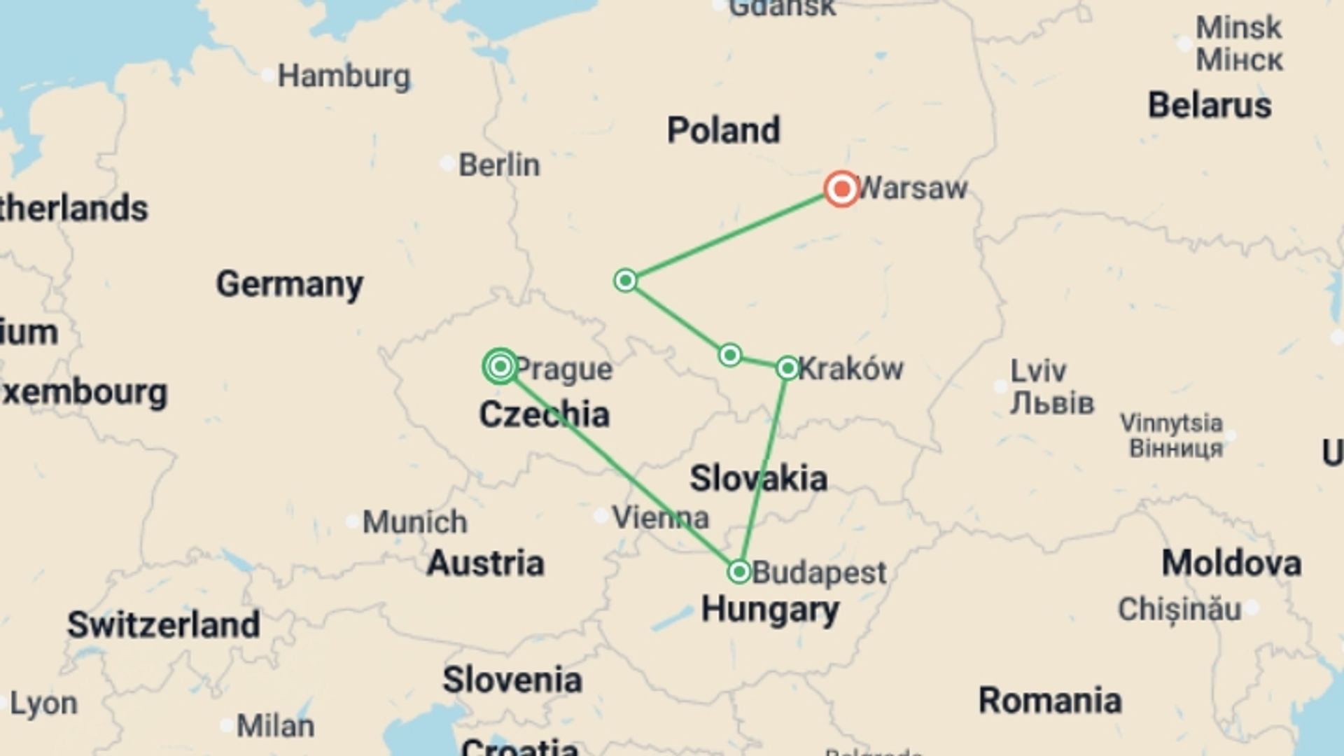 A map showing the tour itinerary for the trip: Czech Republic, Budapest, and Heart of Poland, starting in Prague, Czech Republic and ending in Warsaw, Poland going through 4 other destinations.