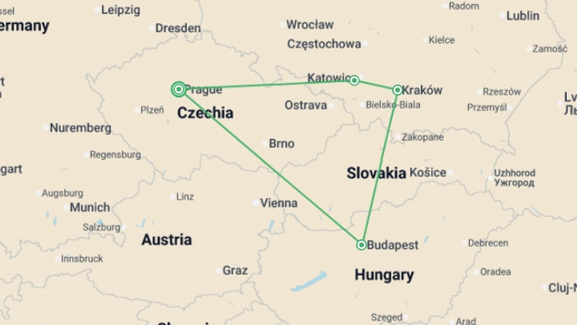 A map showing the tour itinerary for the trip: Czech Republic, Budapest, and Heart of Poland, Ending in Prague, starting in Prague, Czech Republic and ending in Prague, Czech Republic going through 3 other destinations.