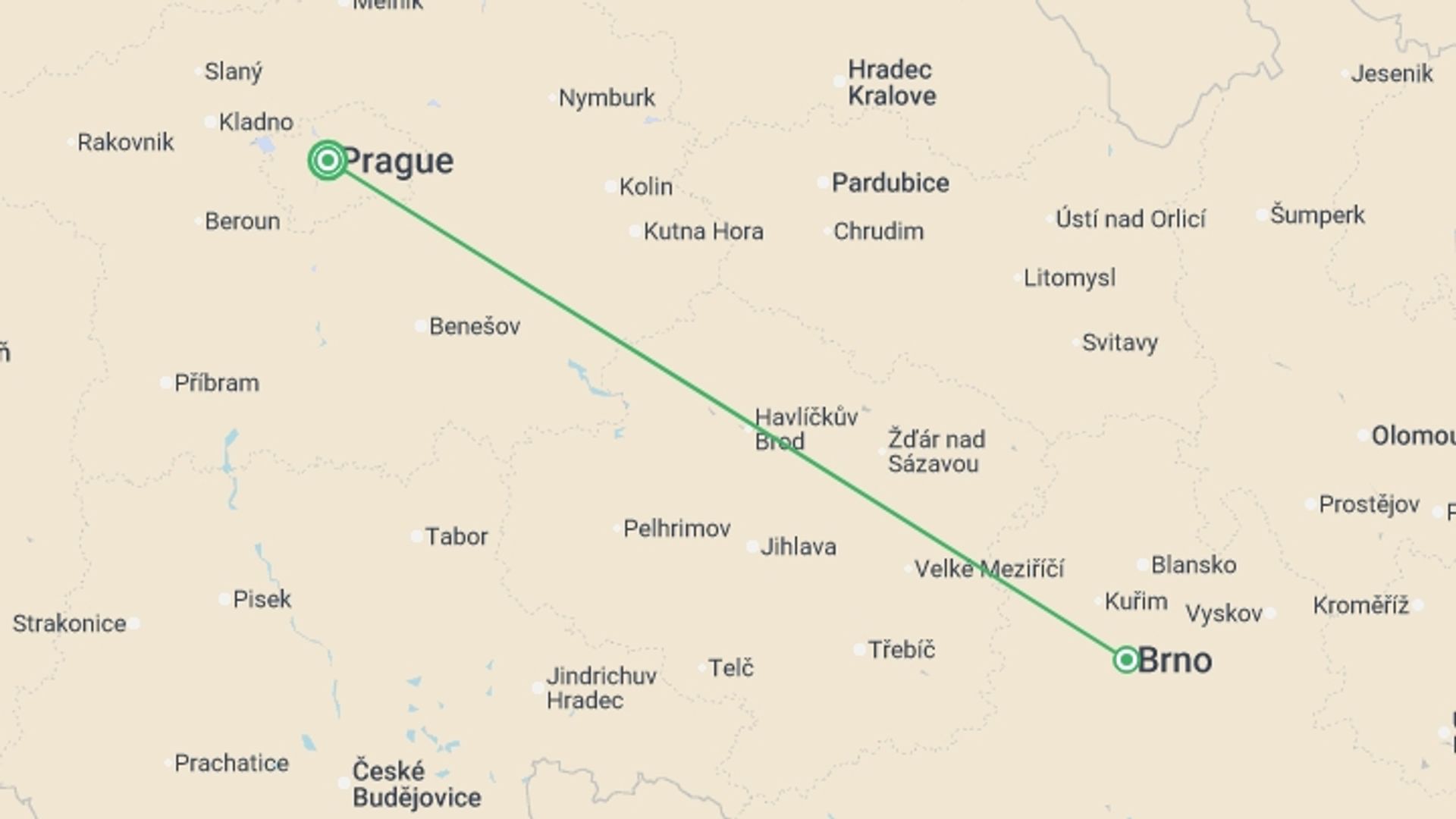 A map showing the tour itinerary for the trip: Czech Triangle, starting in Prague, Czech Republic and ending in Prague, Czech Republic going through 1 other destinations.