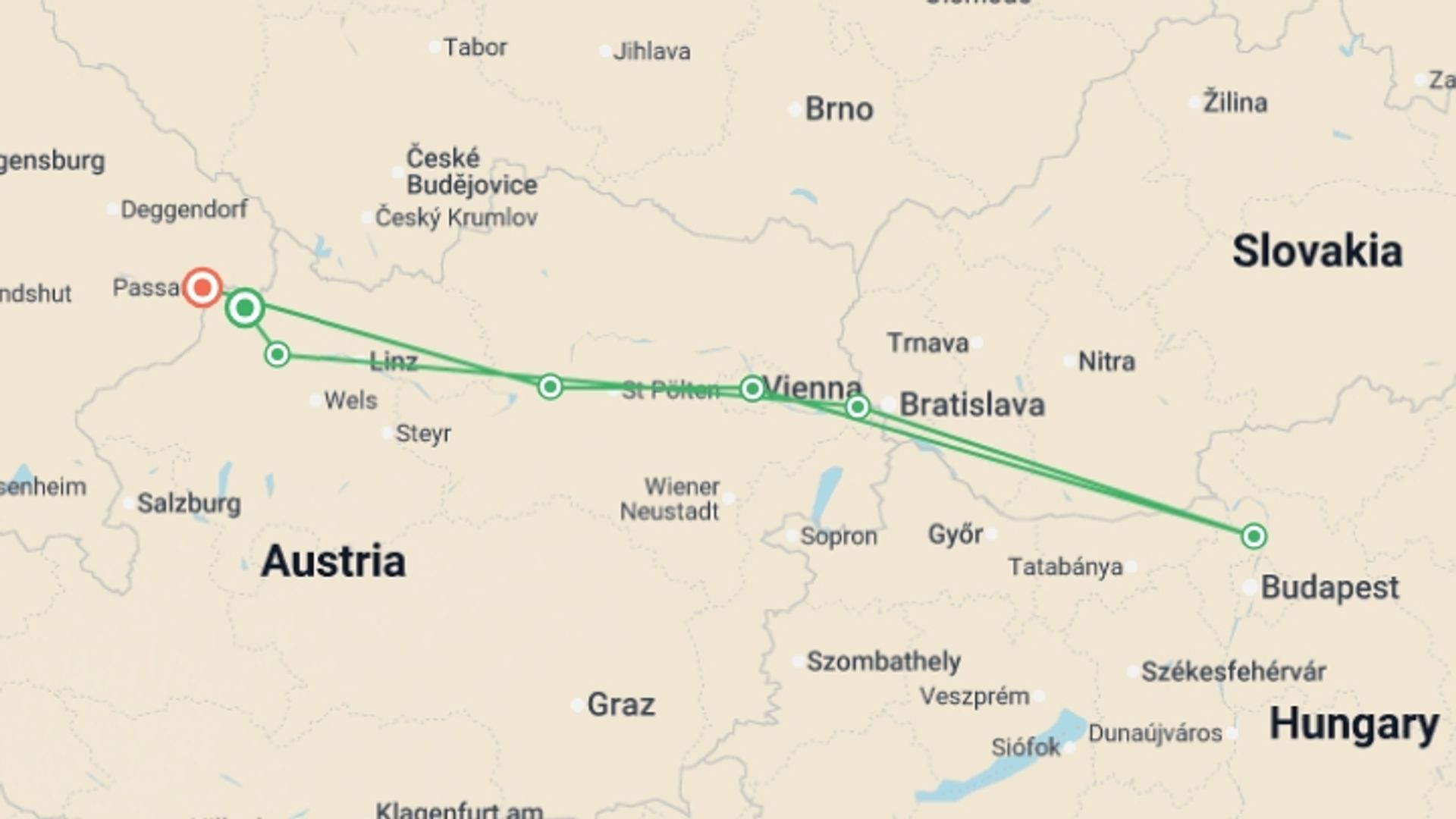 A map showing the tour itinerary for the trip: Danube Explorer to Budapest Bike & Boat, starting in Passau, Germany and ending in Passau, Germany going through 5 other destinations.