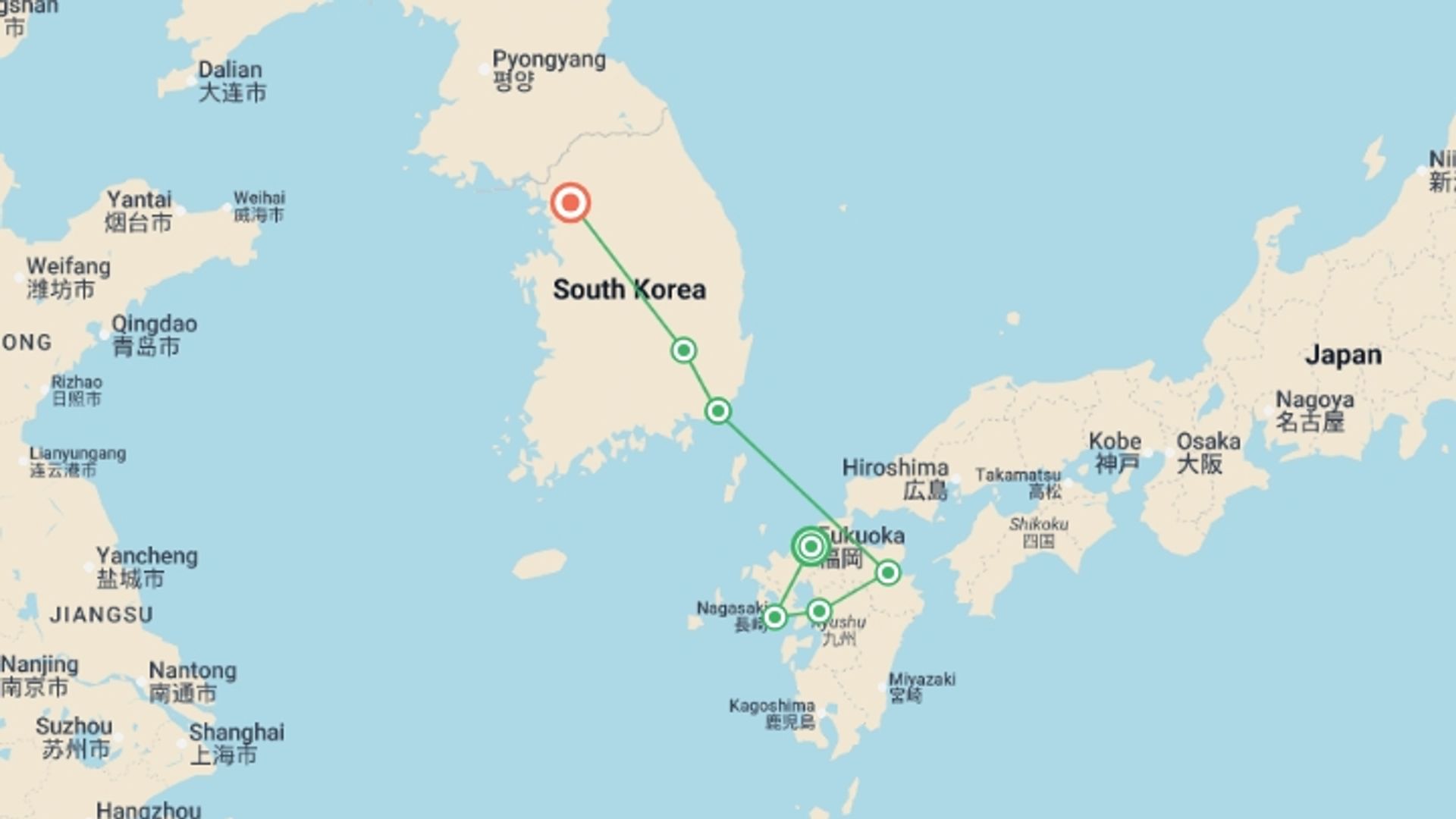 A map showing the tour itinerary for the trip: Deep Japan and South Korea, starting in Fukuoka and ending in Seoul, South Korea going through 5 other destinations.