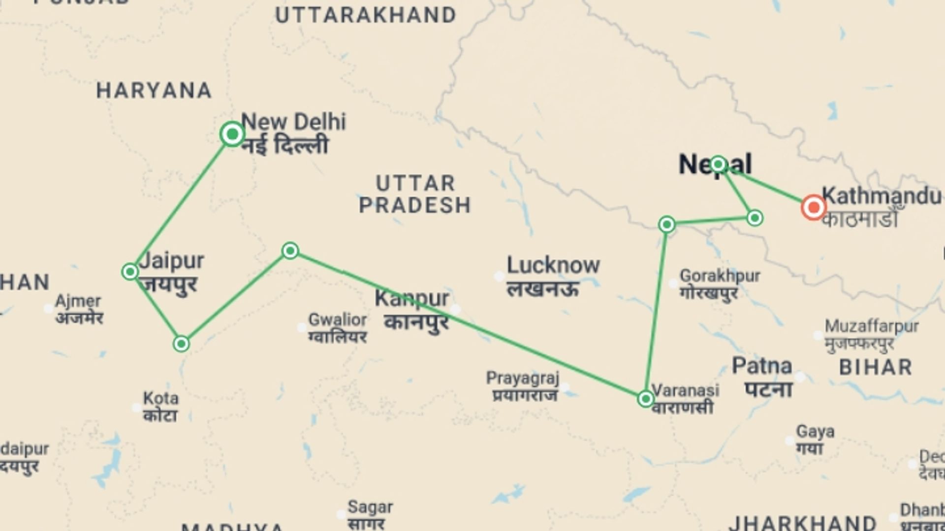 A map showing the tour itinerary for the trip: Delhi to Kathmandu, starting in New Delhi, India and ending in Kathmandu, Nepal going through 9 other destinations.