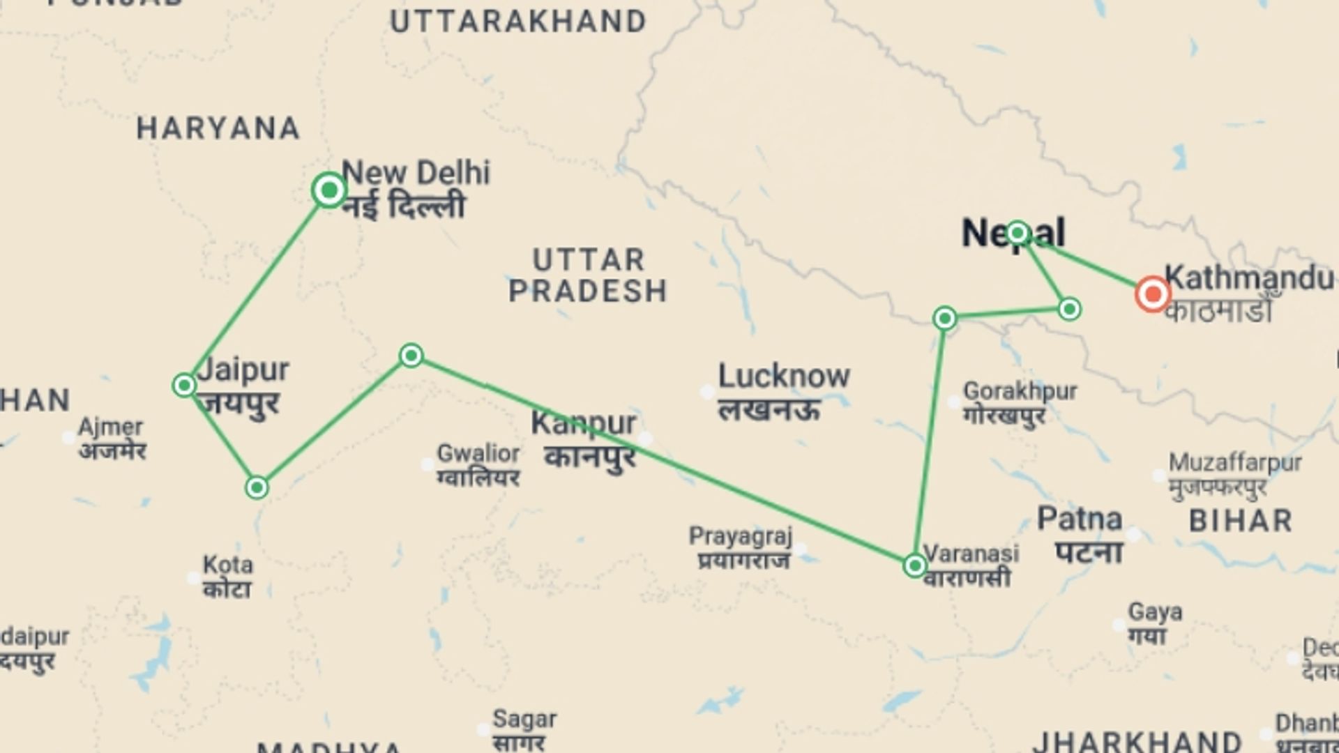 A map showing the tour itinerary for the trip: Delhi to Kathmandu, starting in New Delhi, India and ending in Kathmandu, Nepal going through 9 other destinations.