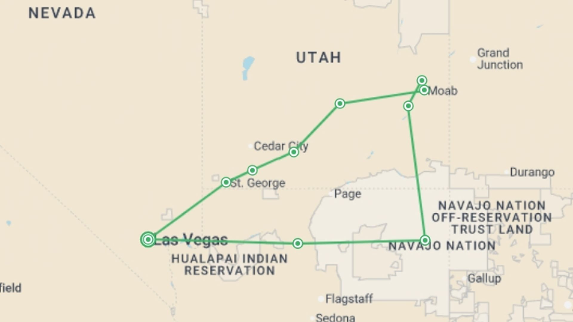 A map showing the tour itinerary for the trip: Deserts and Canyons of the Southwest, starting in Las Vegas, USA and ending in Las Vegas, USA going through 3 other destinations.