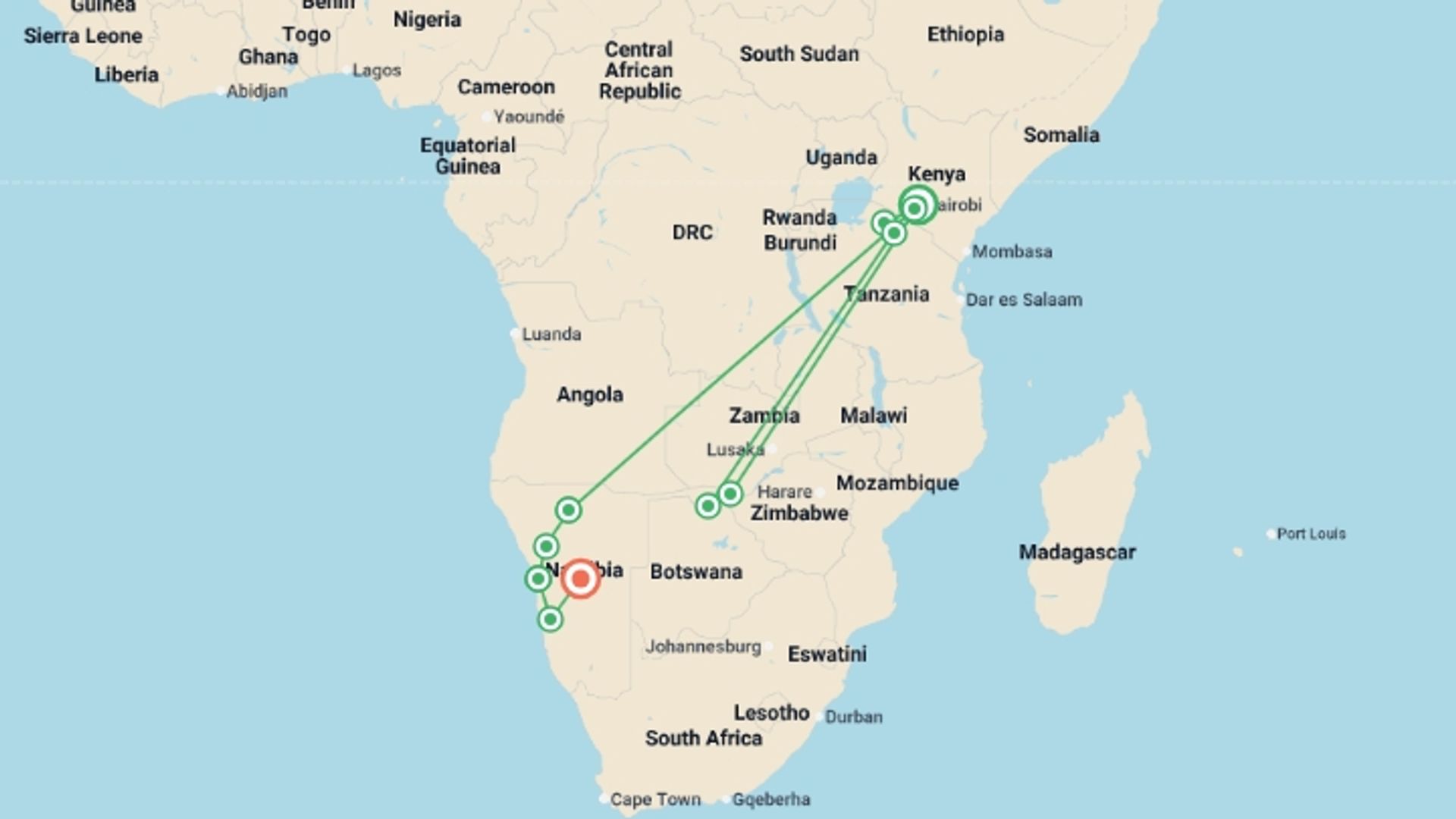 A map showing the tour itinerary for the trip: Deserts & Delta Family Overland, starting in Nairobi, Kenya and ending in Windhoek, Namibia going through 6 other destinations.