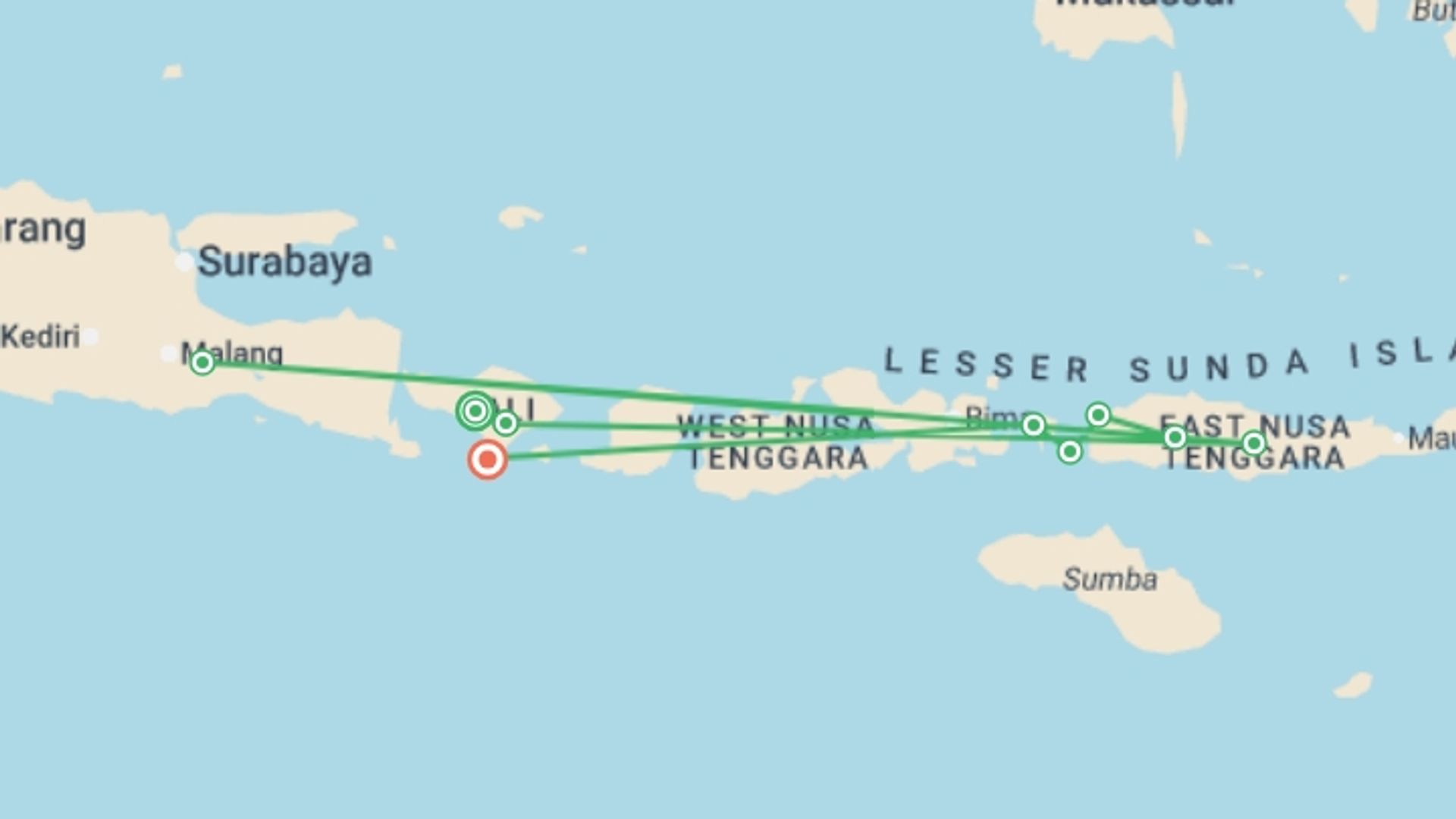A map showing the tour itinerary for the trip: Discover Bali, Flores and Komodo Islands, starting in Indonesia and ending in Indonesia going through 6 other destinations.