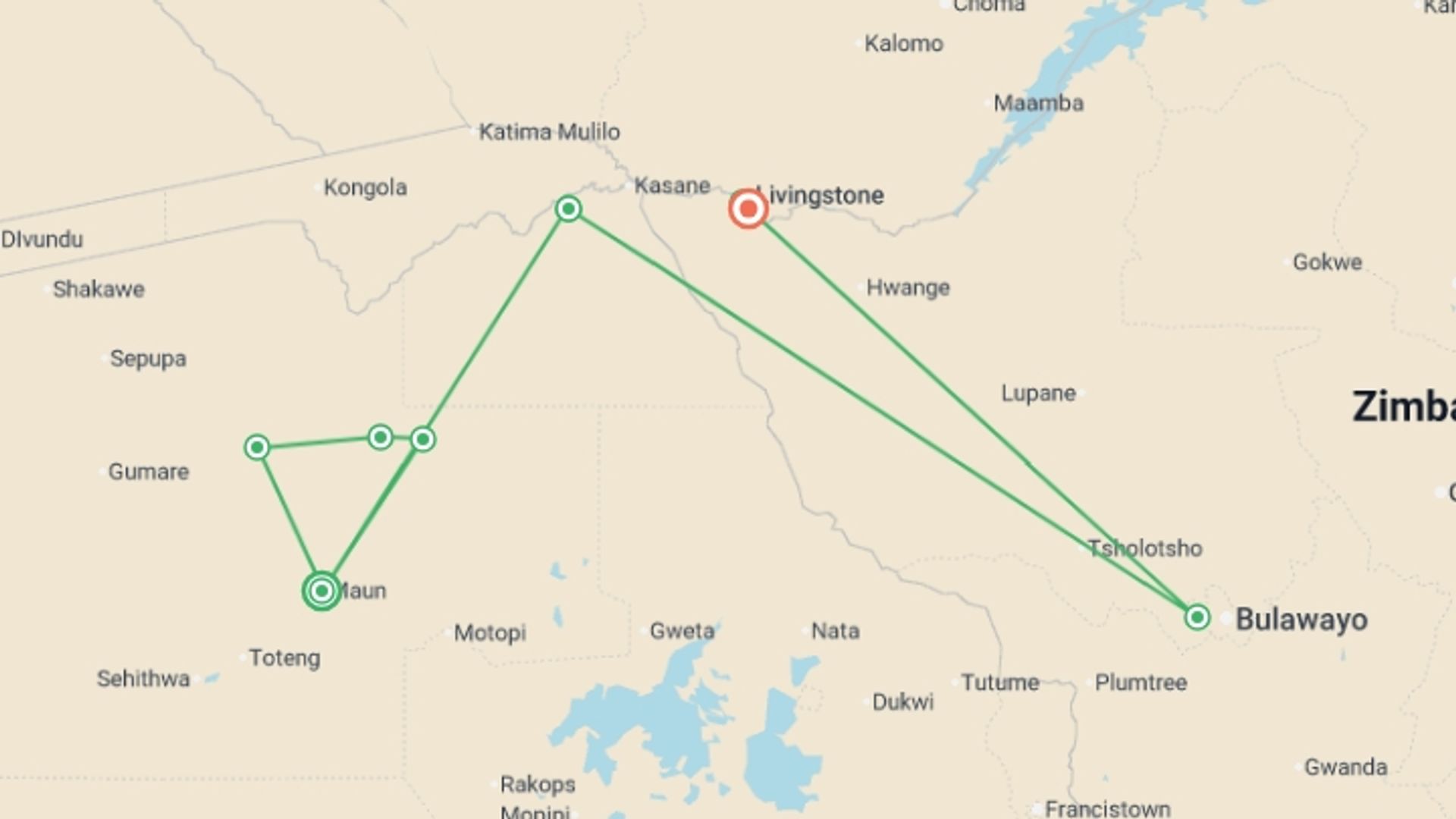 A map showing the tour itinerary for the trip: Discover Botswana & Victoria Falls, starting in Maun, Botswana and ending in Victoria Falls, Zimbabwe going through 3 other destinations.