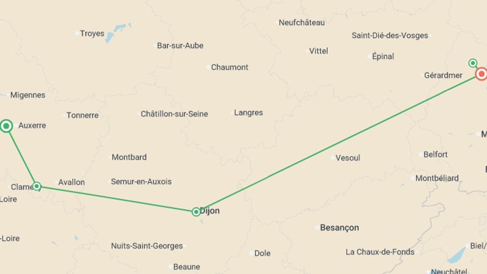 A map showing the tour itinerary for the trip: Discover Burgundy & Alsace, starting in Burgundy, France and ending in France going through 3 other destinations.