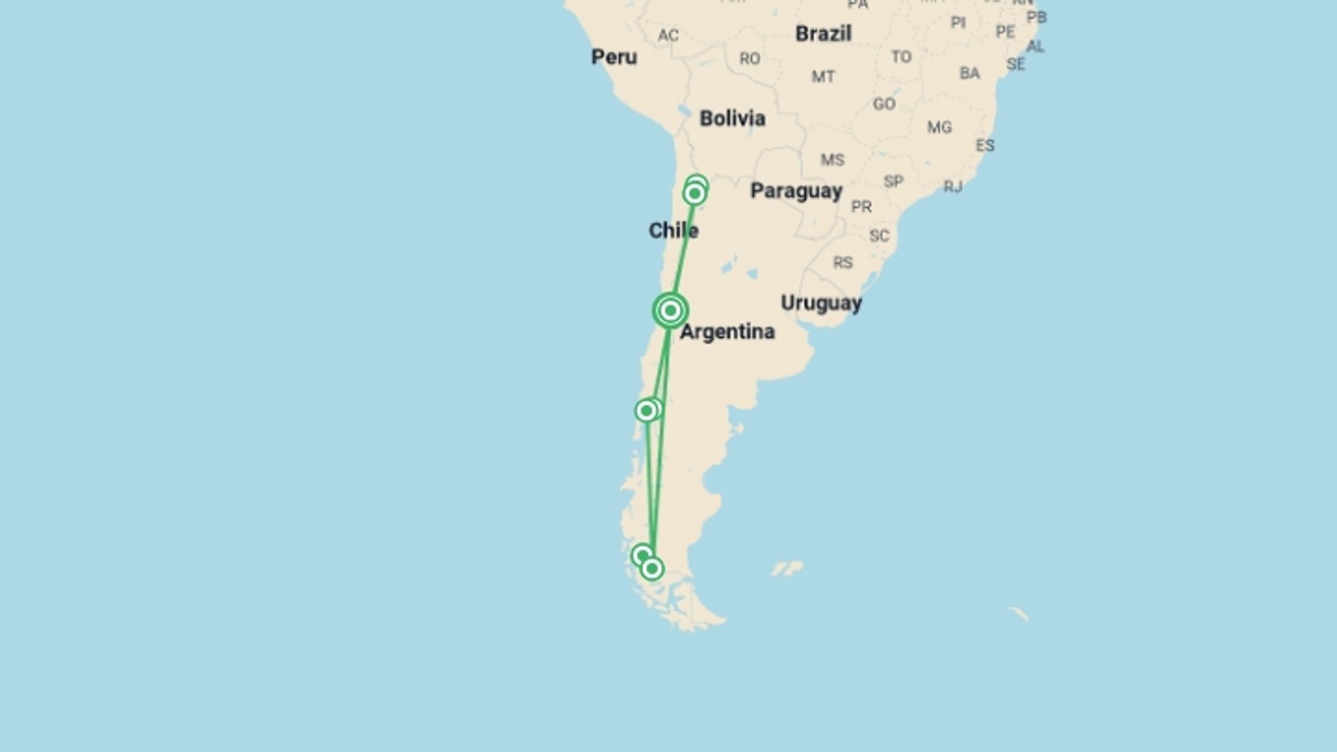 A map showing the tour itinerary for the trip: Discover Chile, starting in Santiago, Chile and ending in Santiago, Chile going through 5 other destinations.