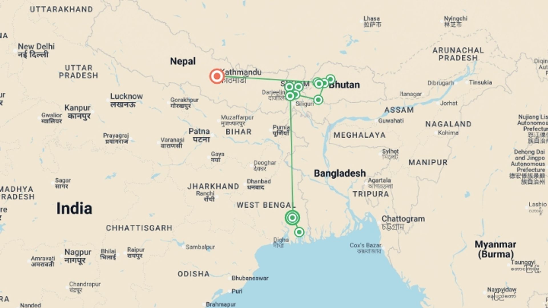 A map showing the tour itinerary for the trip: Discover Darjeeling and Bhutan, starting in Kolkata, India and ending in Kathmandu, Nepal going through 7 other destinations.