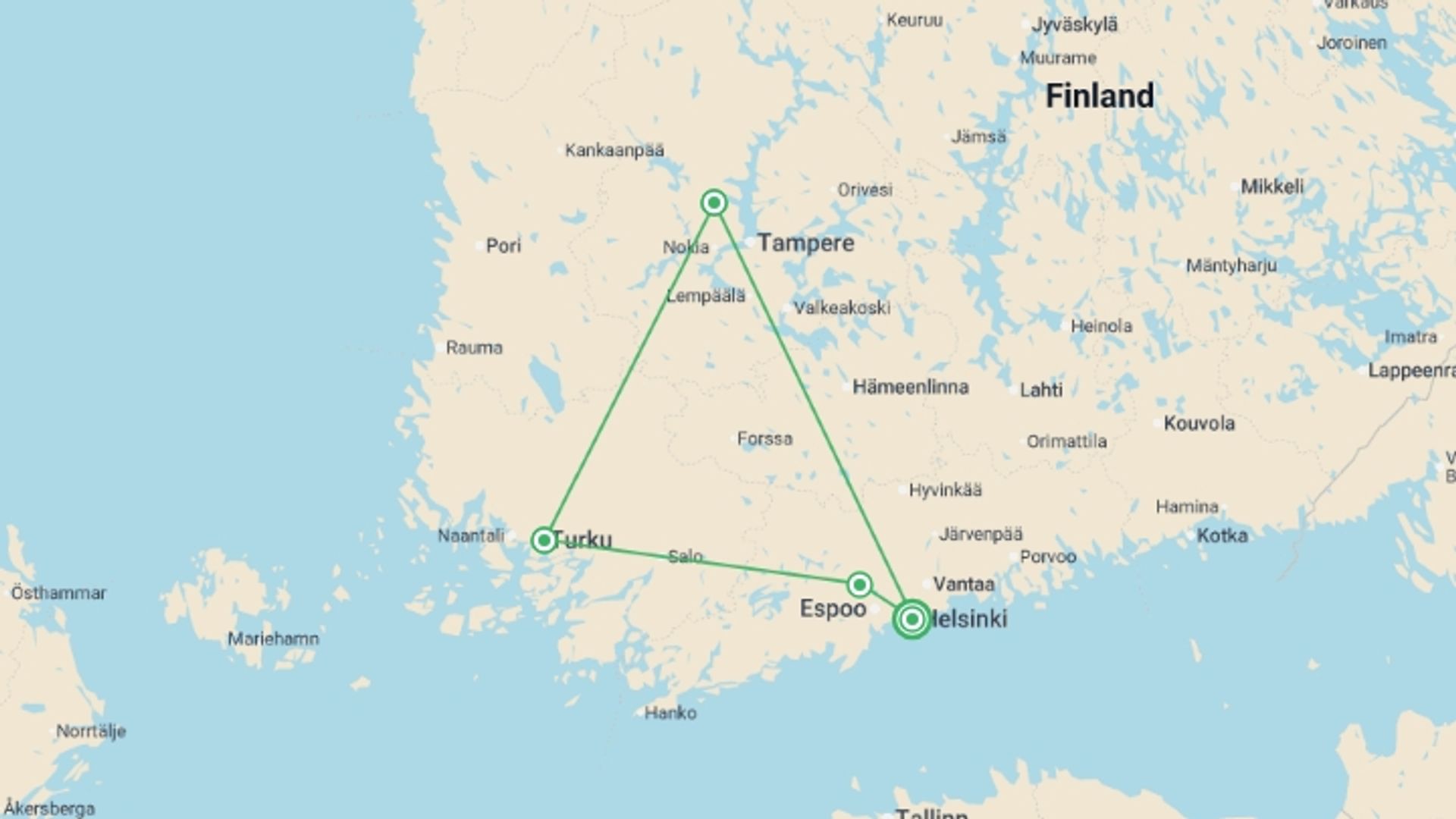 A map showing the tour itinerary for the trip: Discover Finland’s Golden Triangle, starting in Helsinki, Finland and ending in Helsinki, Finland going through 2 other destinations.