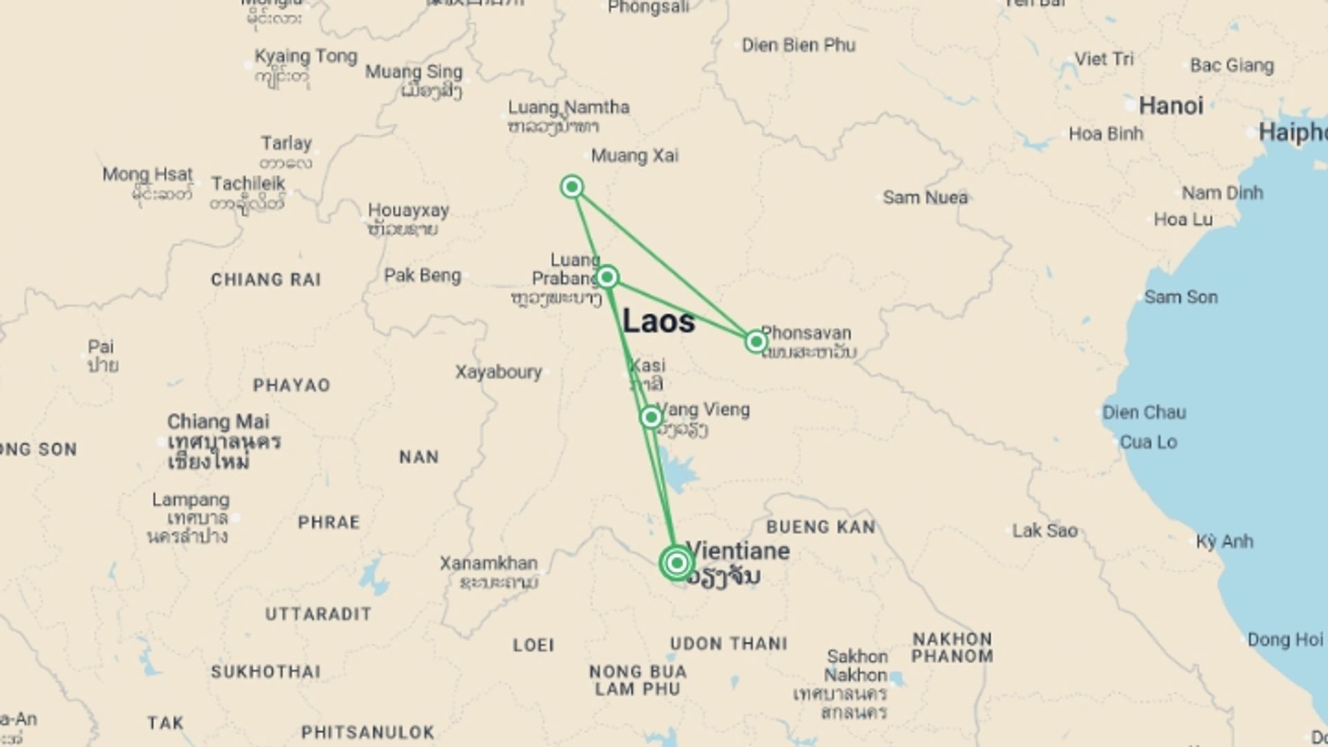 A map showing the tour itinerary for the trip: Discover Laos in Comfort, starting in Vientiane, Laos and ending in Vientiane, Laos going through 3 other destinations.