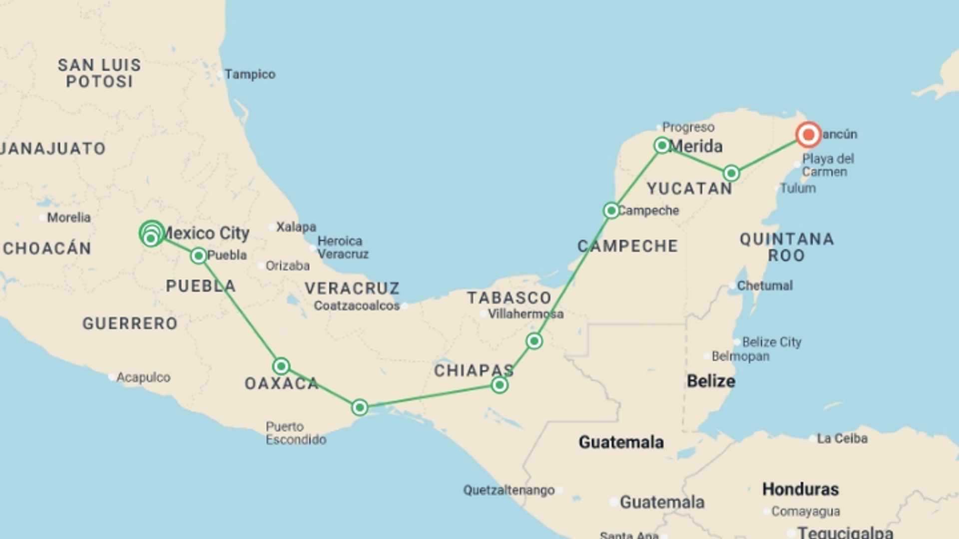 A map showing the tour itinerary for the trip: Discover Mexico, starting in Mexico City, Mexico and ending in Cancún, Mexico going through 6 other destinations.