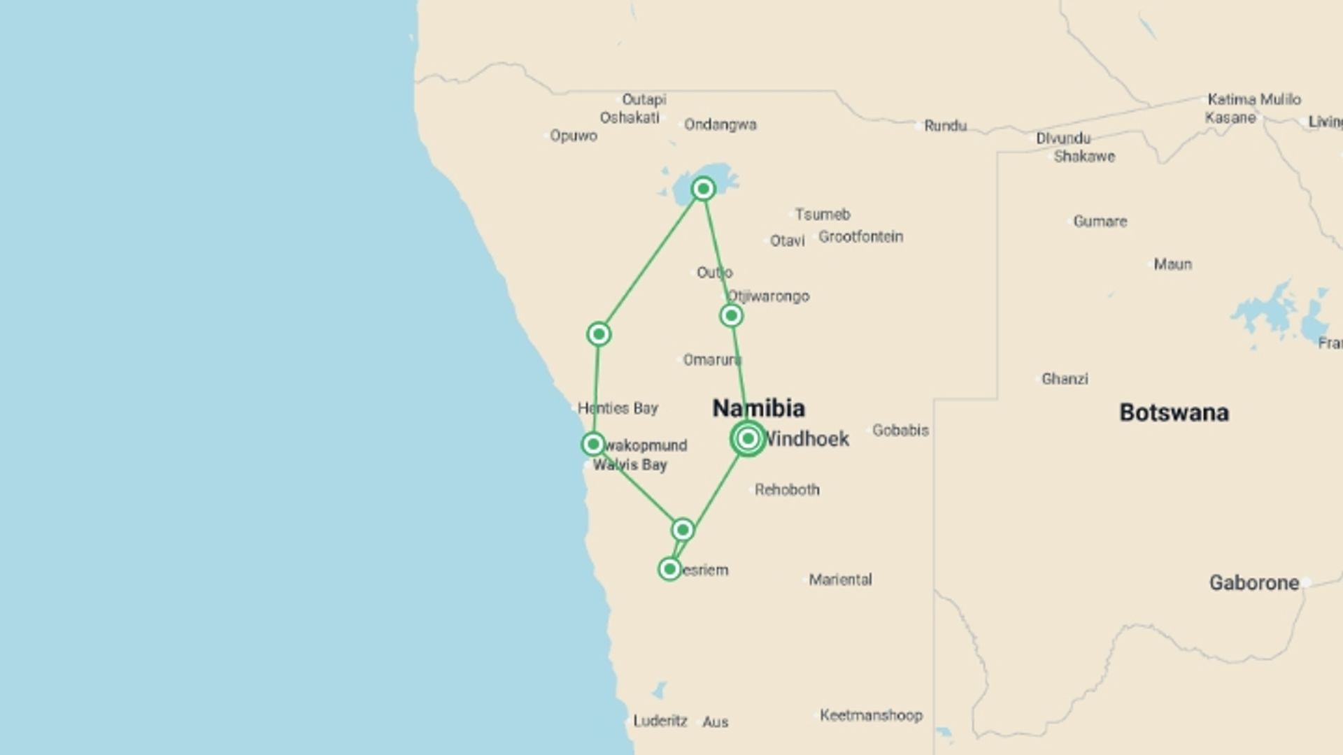 A map showing the tour itinerary for the trip: Discover Namibia - Camping, starting in Windhoek, Namibia and ending in Windhoek, Namibia going through 4 other destinations.
