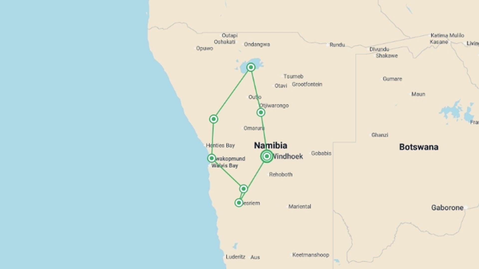 A map showing the tour itinerary for the trip: Discover Namibia - Camping, starting in Windhoek, Namibia and ending in Windhoek, Namibia going through 4 other destinations.