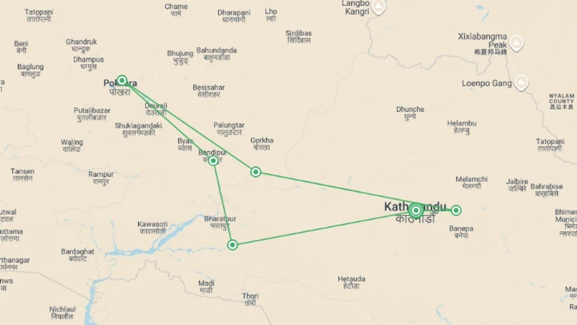 A map showing the tour itinerary for the trip: Discover Nepal, starting in Kathmandu, Nepal and ending in Kathmandu, Nepal going through 3 other destinations.