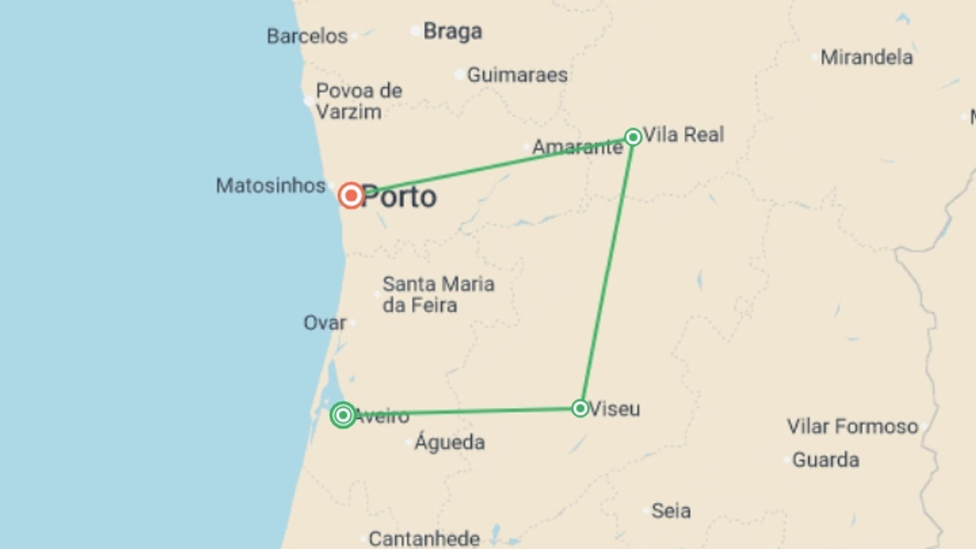 A map showing the tour itinerary for the trip: Discover Northern Portugal, starting in Porto, Portugal and ending in Porto, Portugal going through 2 other destinations.