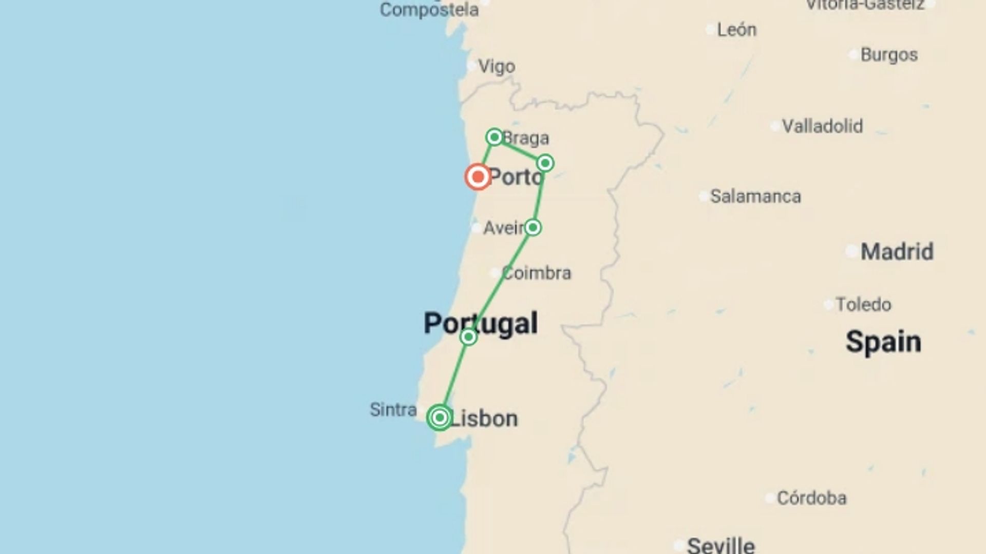 A map showing the tour itinerary for the trip: Discover Portugal, starting in Lisbon, Portugal and ending in Porto, Portugal going through 4 other destinations.