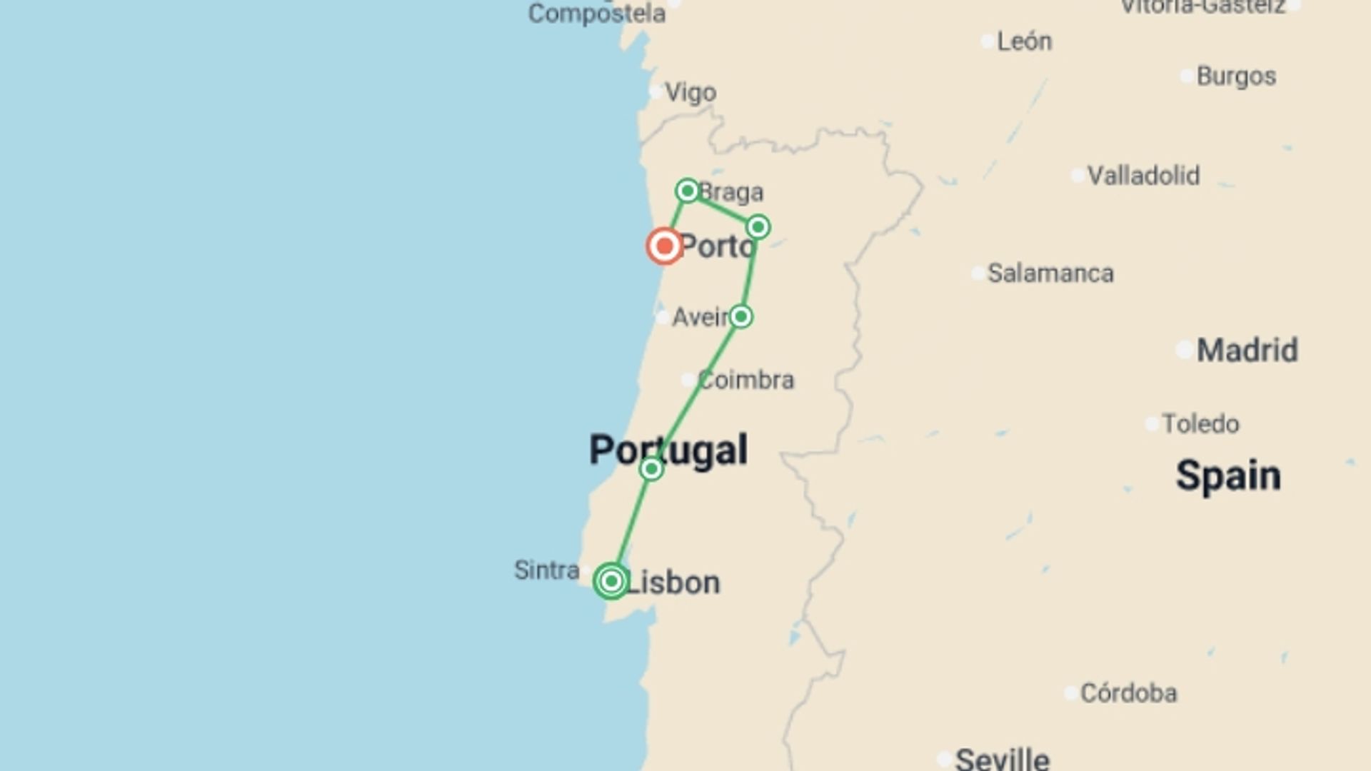 A map showing the tour itinerary for the trip: Discover Portugal, starting in Lisbon, Portugal and ending in Porto, Portugal going through 4 other destinations.