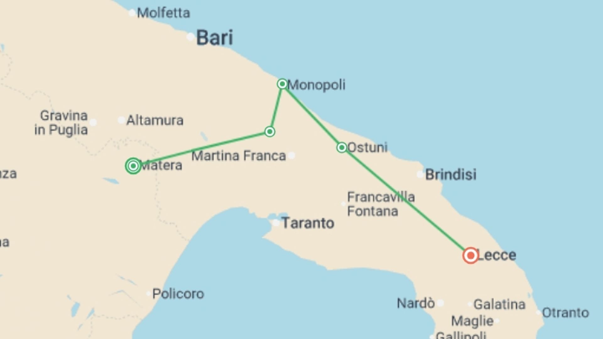A map showing the tour itinerary for the trip: Discover Puglia: Italy's Ancient Heel, starting in Matera, Italy and ending in Lecce, Italy going through 4 other destinations.