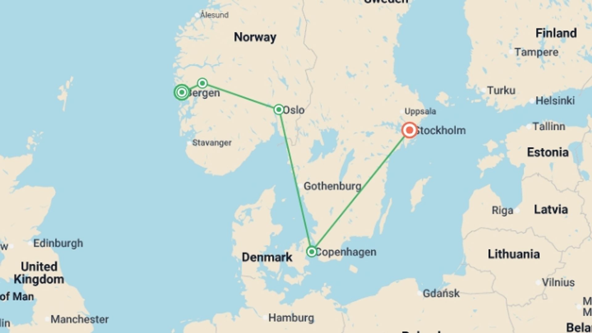 A map showing the tour itinerary for the trip: Discover Scandinavia, starting in Bergen, Norway and ending in Stockholm, Sweden going through 4 other destinations.