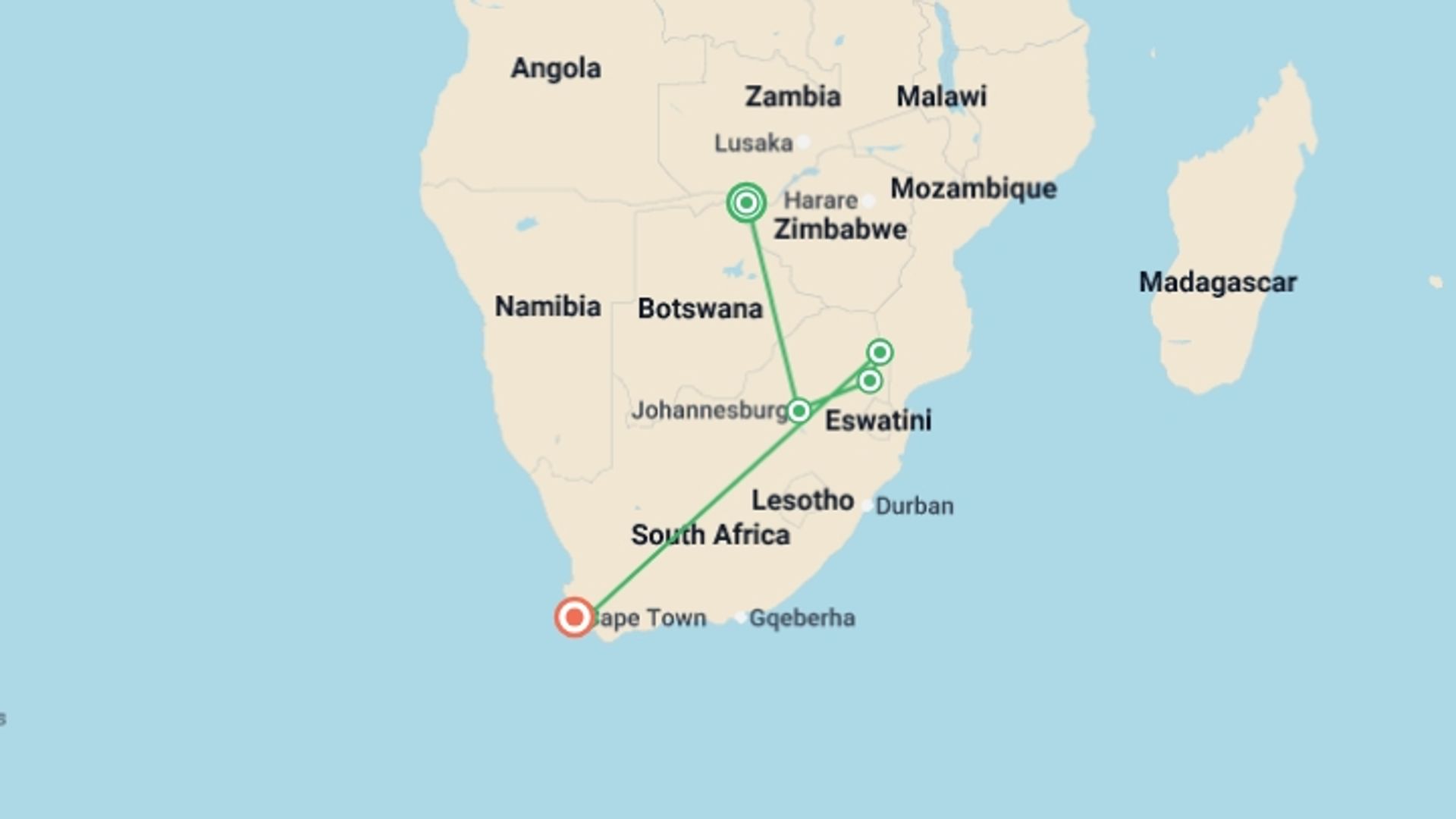 A map showing the tour itinerary for the trip: Discover South Africa and Victoria Falls, starting in Johannesburg, South Africa and ending in Cape Town, South Africa going through 6 other destinations.