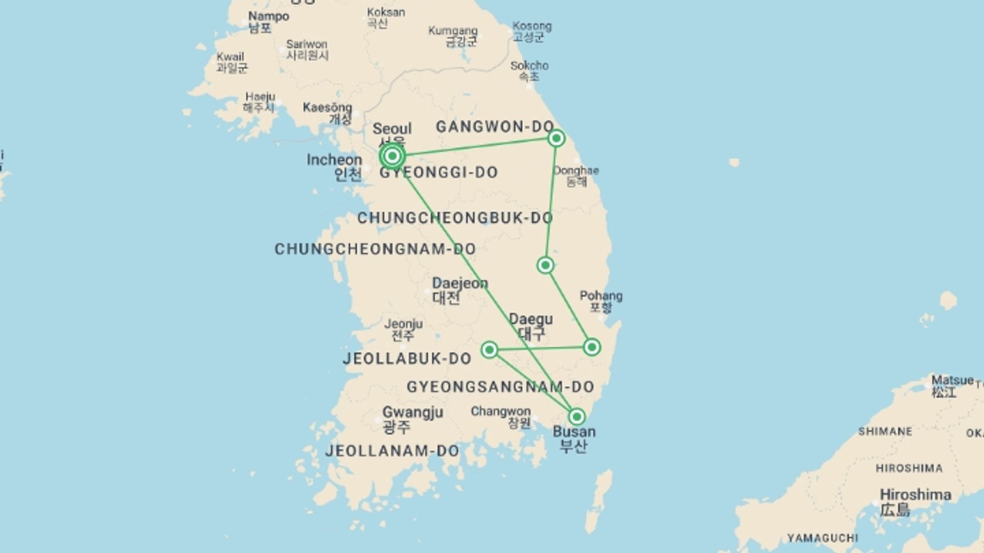 A map showing the tour itinerary for the trip: Discover South Korea, starting in Seoul, South Korea and ending in Seoul, South Korea going through 3 other destinations.