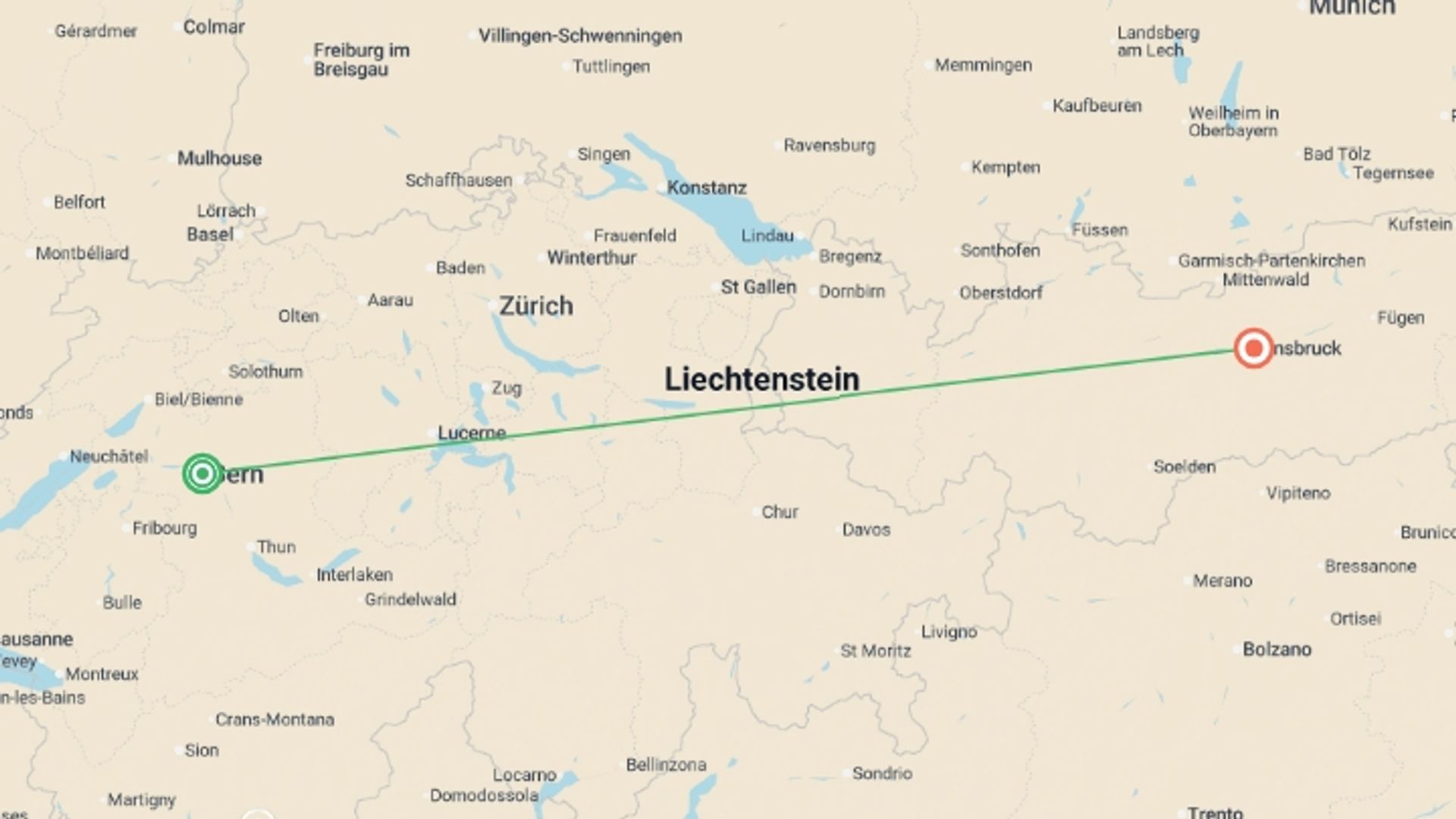 A map showing the tour itinerary for the trip: Discover Switzerland, Austria & Bavaria , starting in Bern, Switzerland and ending in Innsbruck, Austria going through 4 other destinations.