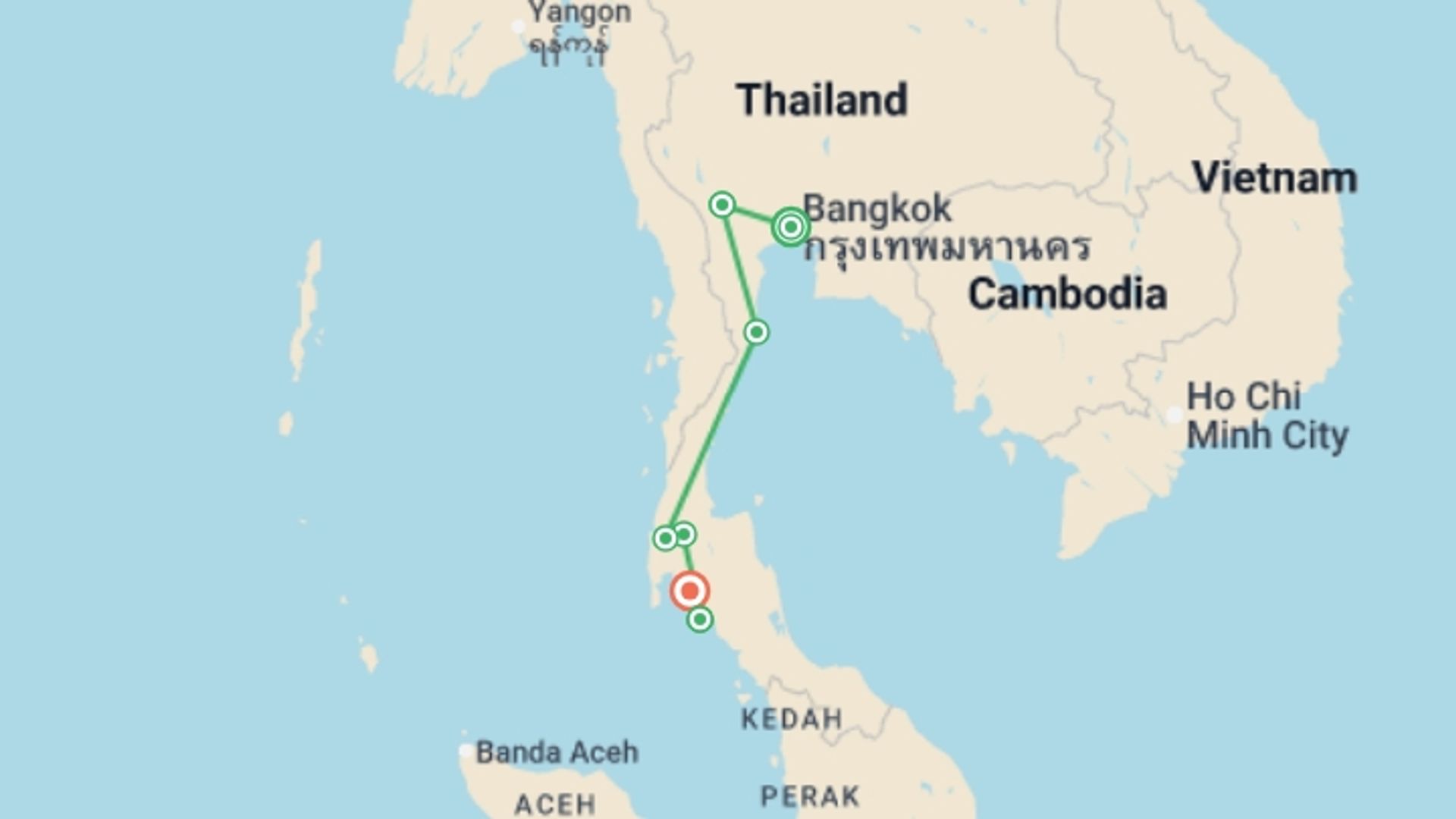 A map showing the tour itinerary for the trip: Discover Thailand, starting in Bangkok, Thailand and ending in Koh Samui, Thailand going through 5 other destinations.