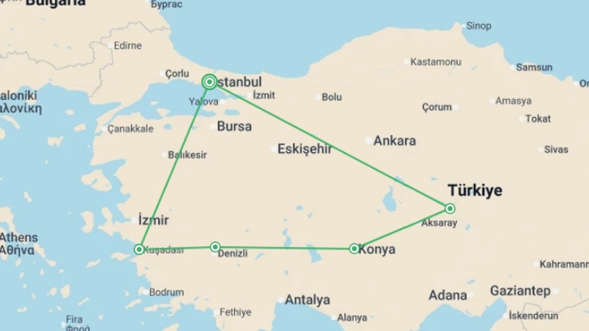 A map showing the tour itinerary for the trip: Discover Turkey, starting in Istanbul, Turkey and ending in Istanbul, Turkey going through 5 other destinations.