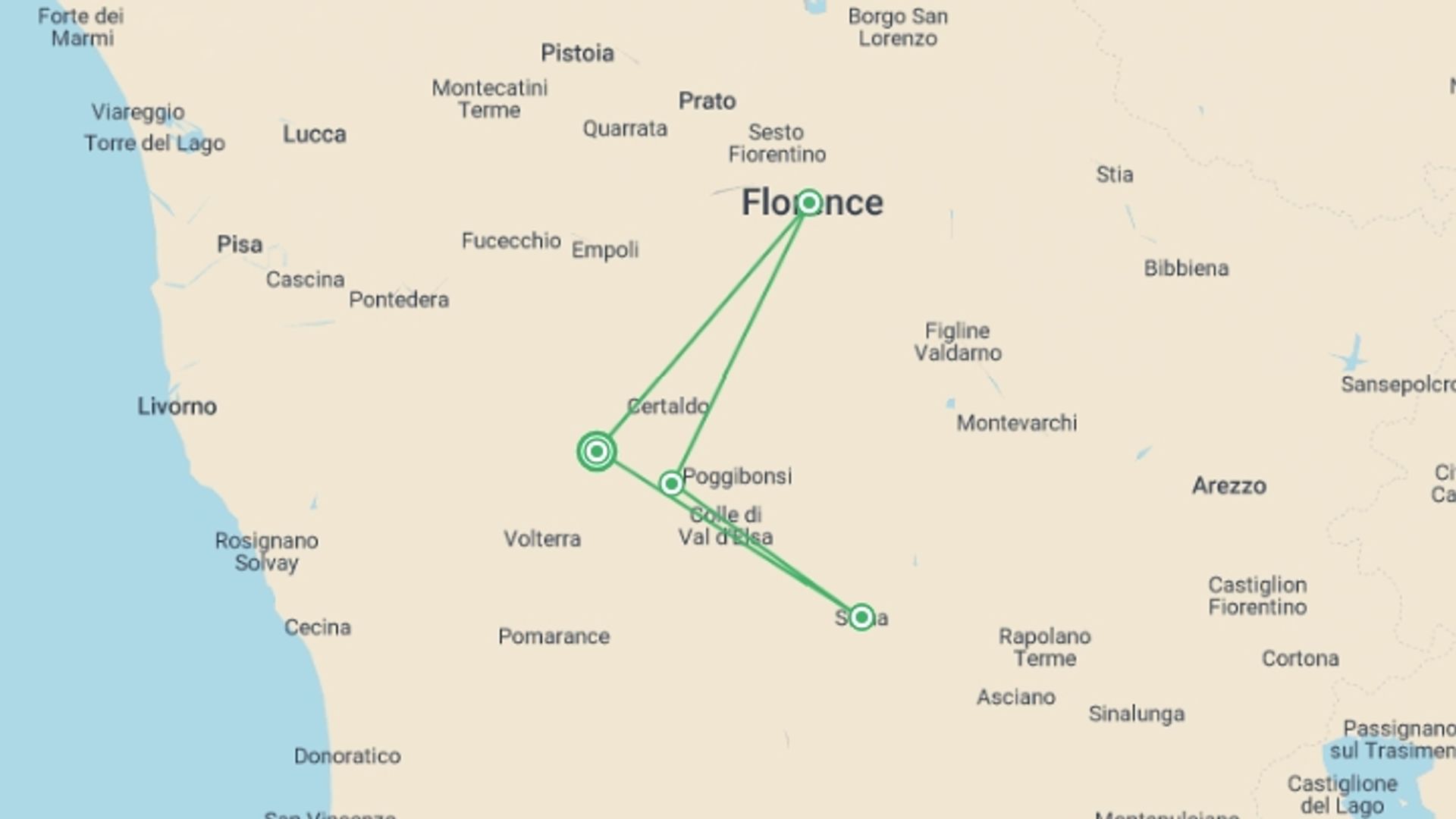 A map showing the tour itinerary for the trip: Discover Tuscany: Culture, Food & Wine, starting in Siena, Italy and ending in Siena, Italy going through 3 other destinations.