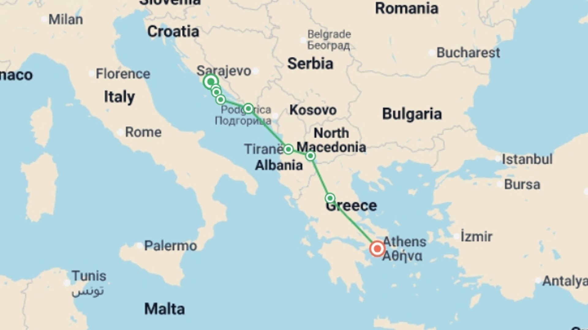 A map showing the tour itinerary for the trip: Discovering Croatia’s Coast to Greece, starting in Split, Croatia and ending in Athens, Greece going through 6 other destinations.