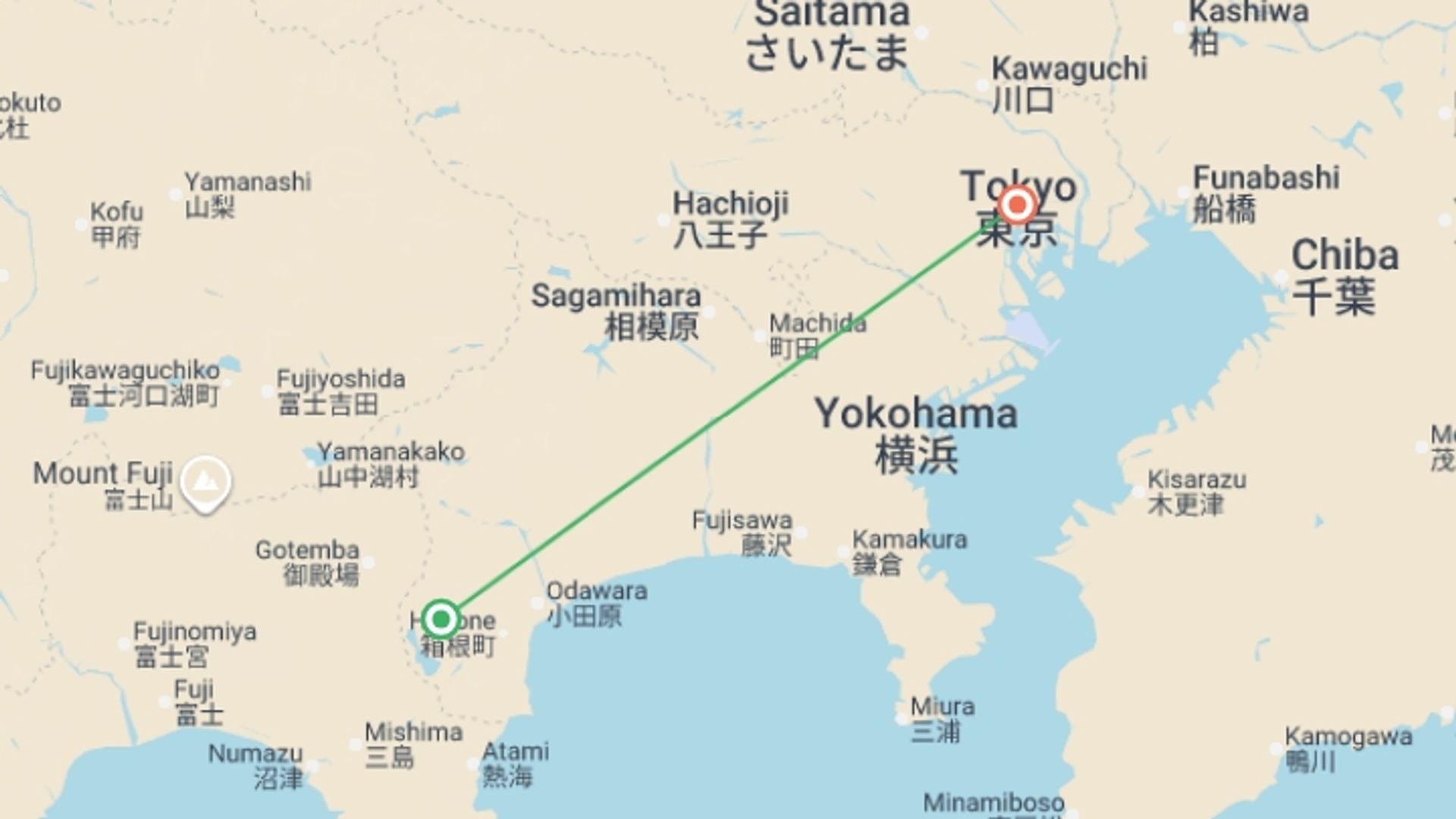 A map showing the tour itinerary for the trip: Discovering Kamakura and Mount Fuji, starting in Tokyo, Japan and ending in Tokyo, Japan going through 1 other destinations.