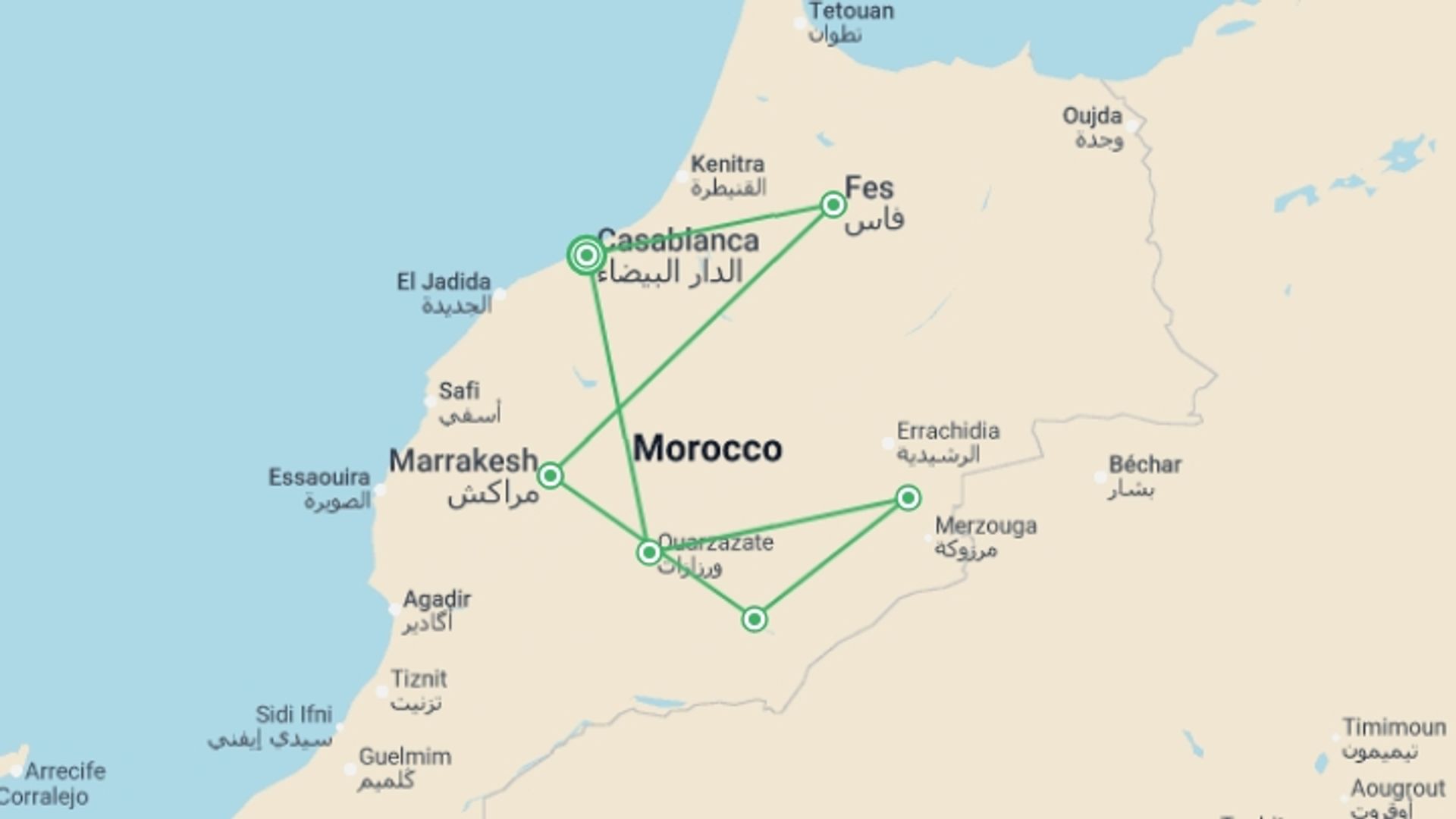A map showing the tour itinerary for the trip: Discovery of Morocco, starting in Casablanca, Morocco and ending in Casablanca, Morocco going through 5 other destinations.