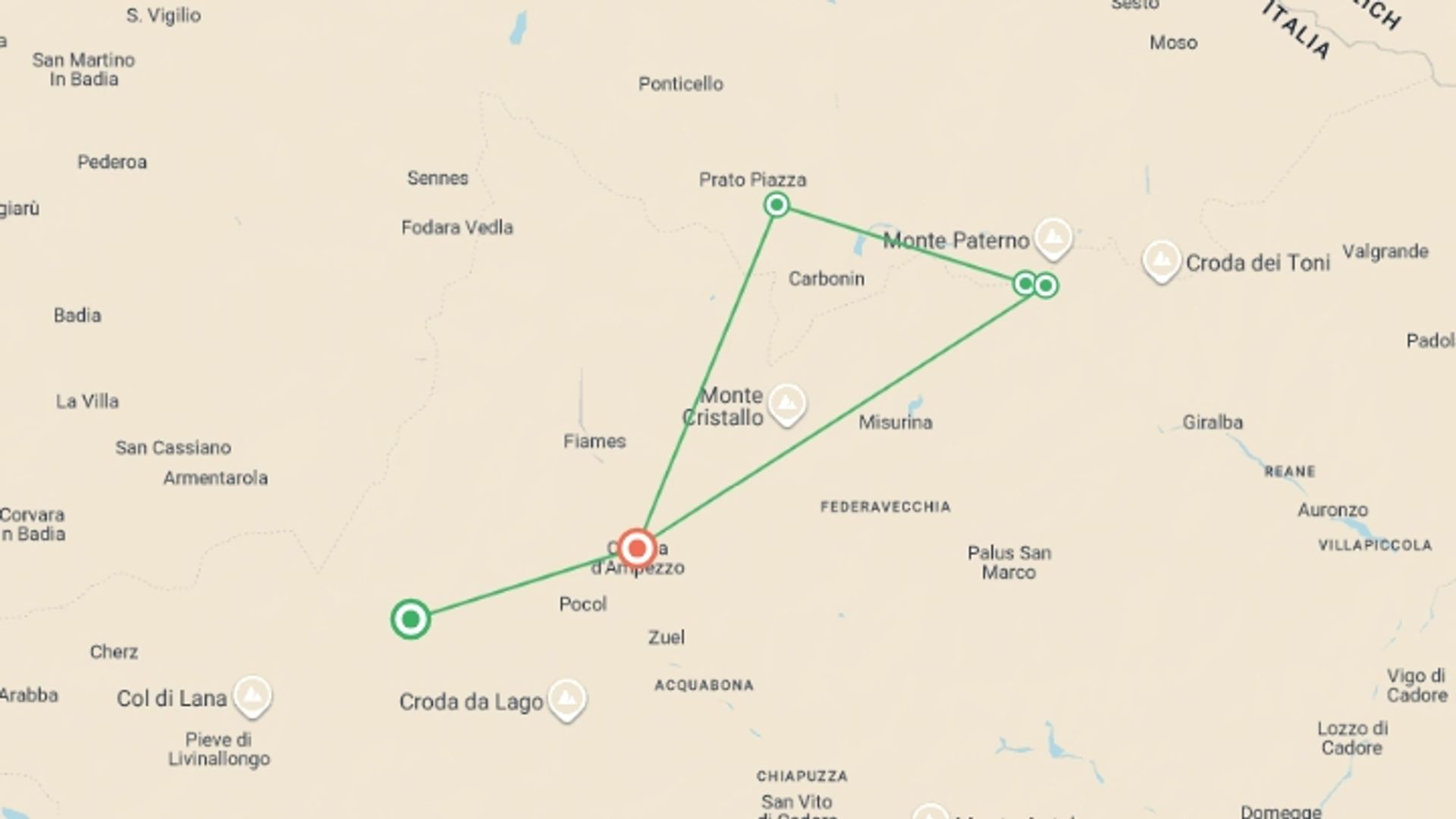 A map showing the tour itinerary for the trip: Dolomites Guided Hike, starting in Cortina d'Ampezzo, Italy and ending in Cortina d'Ampezzo, Italy going through 1 other destinations.