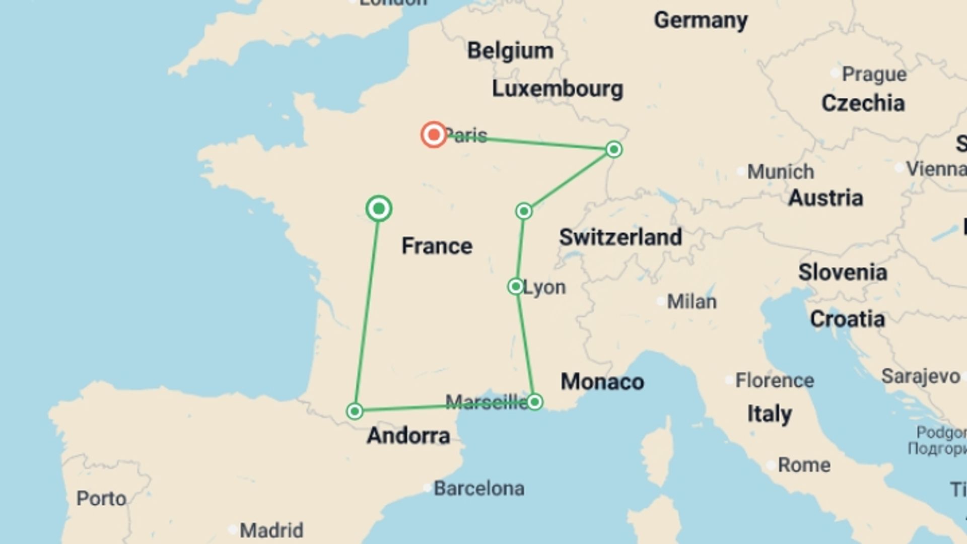 A map showing the tour itinerary for the trip: Dreaming of France and Alsace, starting in Paris, France and ending in Paris, France going through 7 other destinations.
