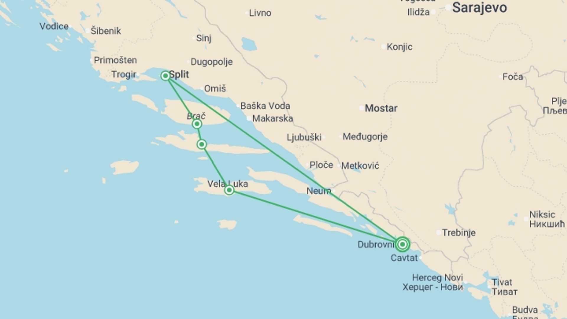 A map showing the tour itinerary for the trip: Dubrovnik and the Islands of the Dalmatian Coast, starting in Dubrovnik, Croatia and ending in Dubrovnik, Croatia going through 3 other destinations.