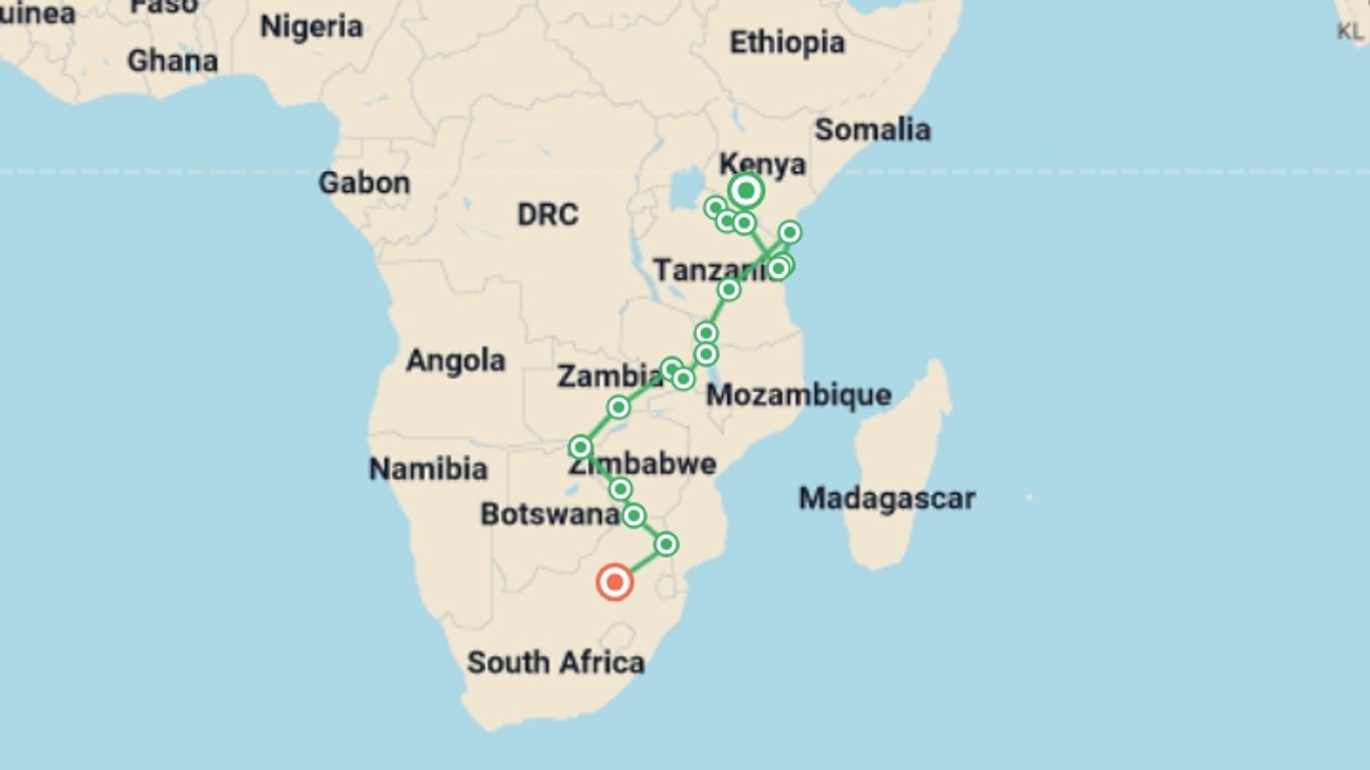 A map showing the tour itinerary for the trip: East Africa to South Africa Overland Safari & Participation Camping, starting in Nairobi, Kenya and ending in Johannesburg, South Africa going through 12 other destinations.