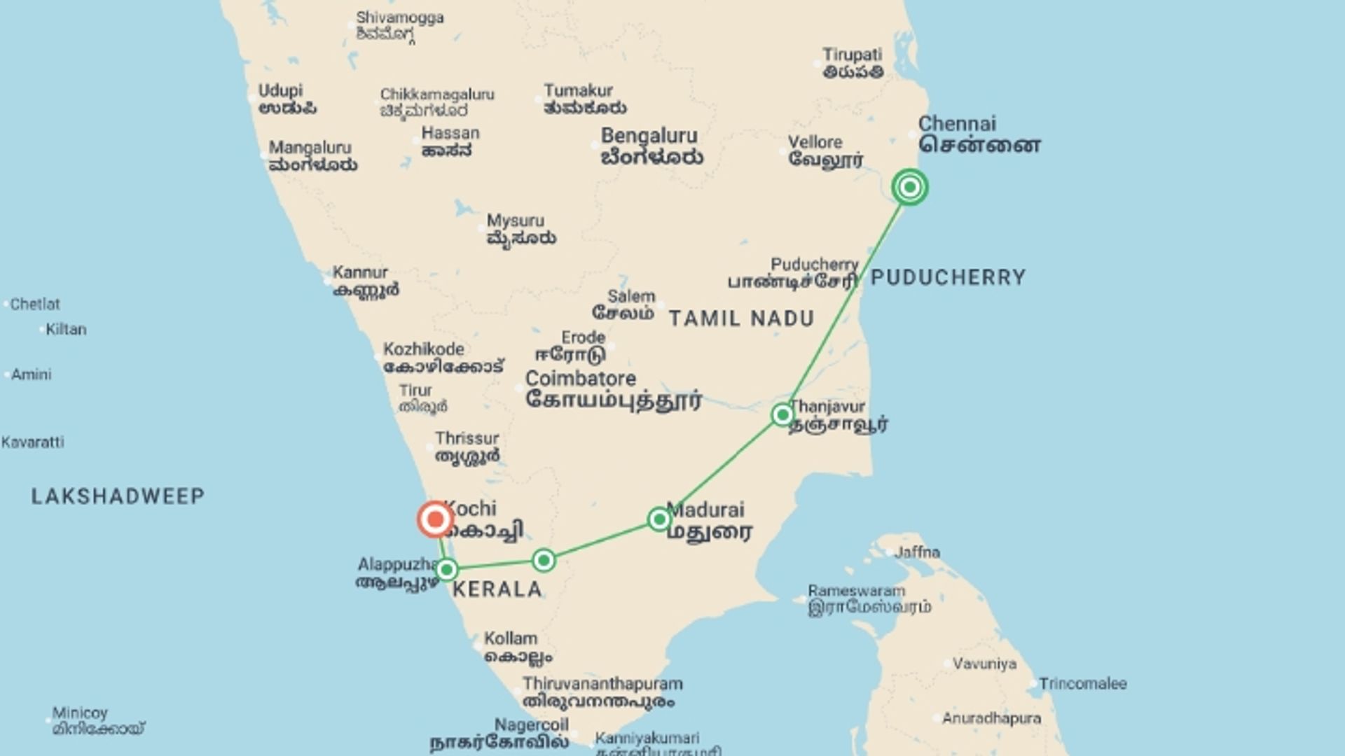 A map showing the tour itinerary for the trip: East to West Coast: Southern India, starting in Mamallapuram, India and ending in Kerala & Tamil Nadu, India going through 5 other destinations.