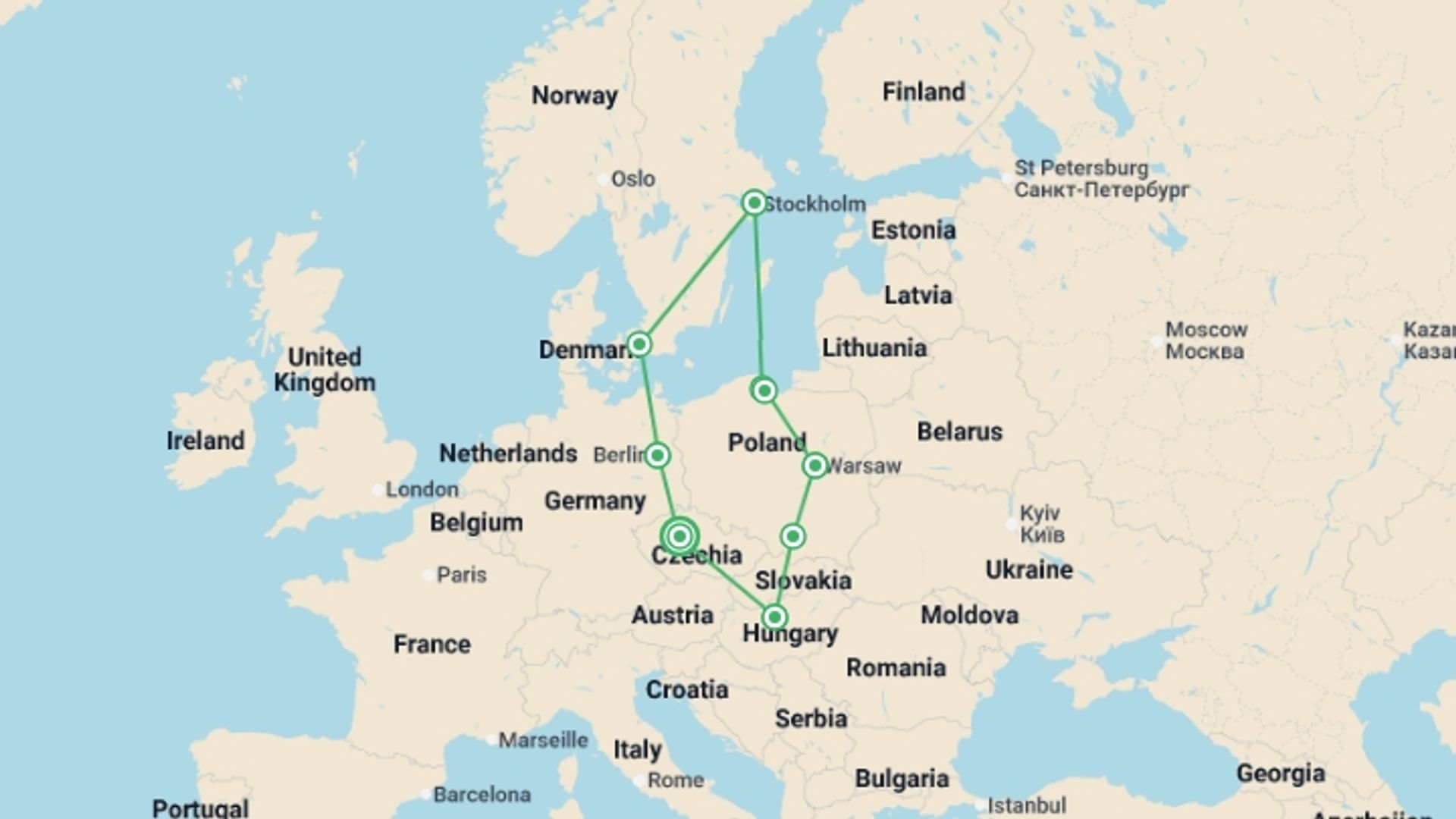 A map showing the tour itinerary for the trip: Eastern Europe, Poland and Scandinavia End Prague ROT, starting in Prague, Czech Republic and ending in Prague, Czech Republic going through 8 other destinations.