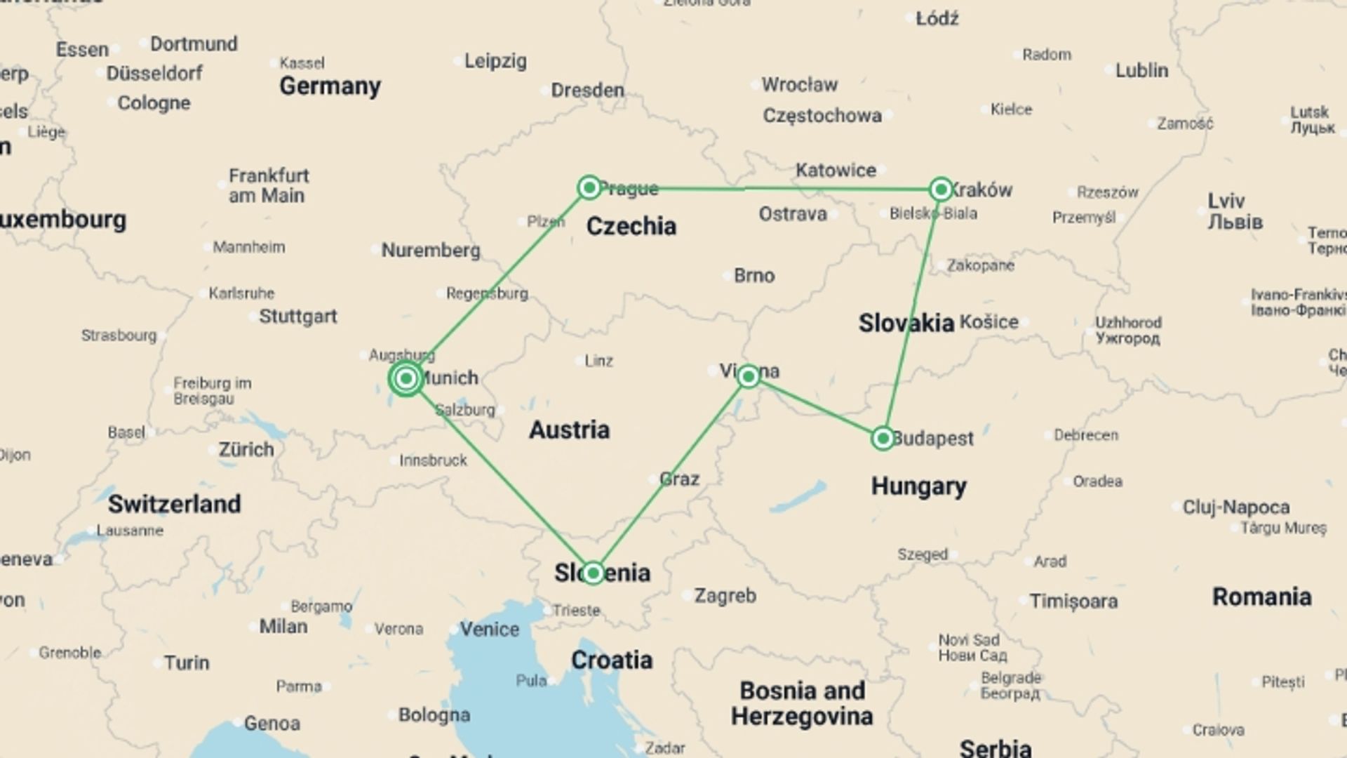 A map showing the tour itinerary for the trip: Eastern Highlights, starting in Munich, Germany and ending in Munich, Germany going through 6 other destinations.