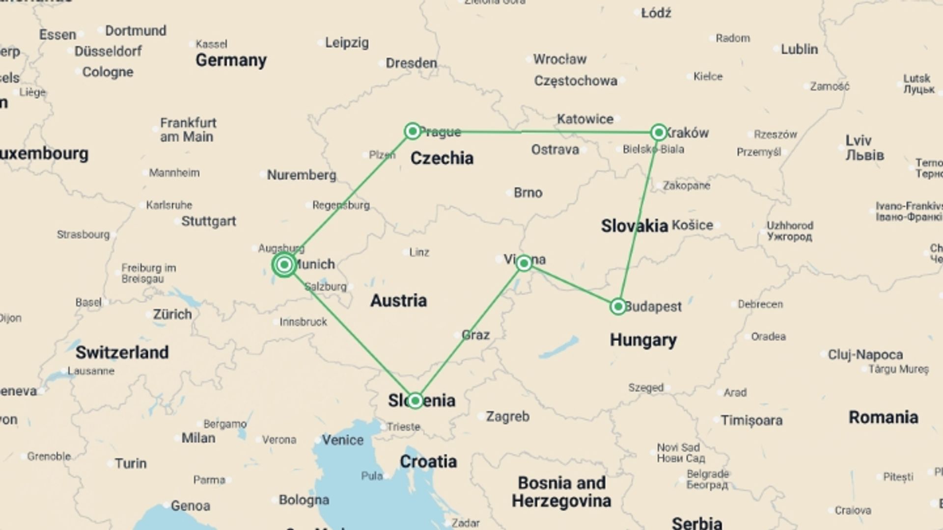 A map showing the tour itinerary for the trip: Eastern Highlights, starting in Munich, Germany and ending in Munich, Germany going through 6 other destinations.