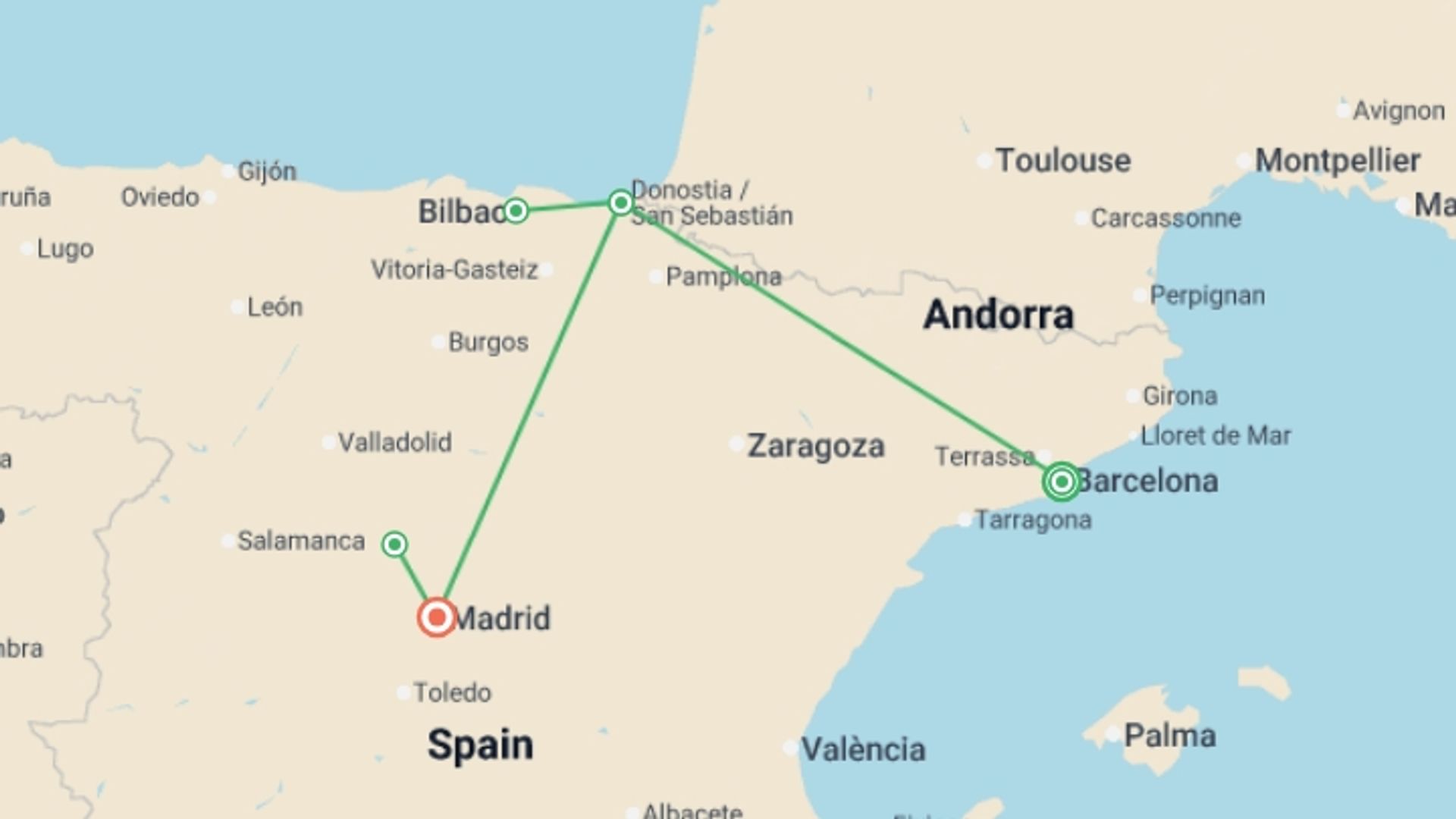 A map showing the tour itinerary for the trip: Easy Pace Spain, starting in Barcelona, Spain and ending in Madrid, Spain going through 5 other destinations.