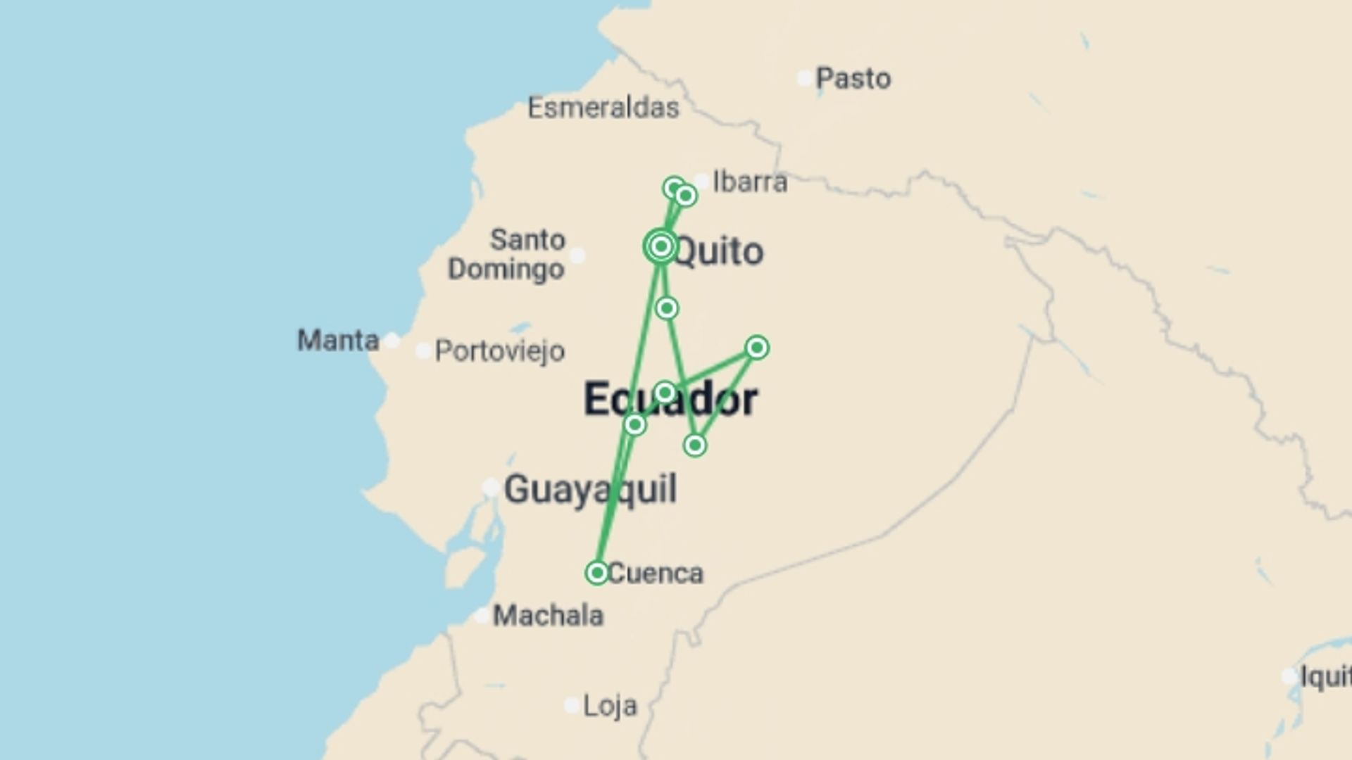 A map showing the tour itinerary for the trip: Ecuador - Andes to Amazon, starting in Quito, Ecuador and ending in Quito, Ecuador going through 7 other destinations.