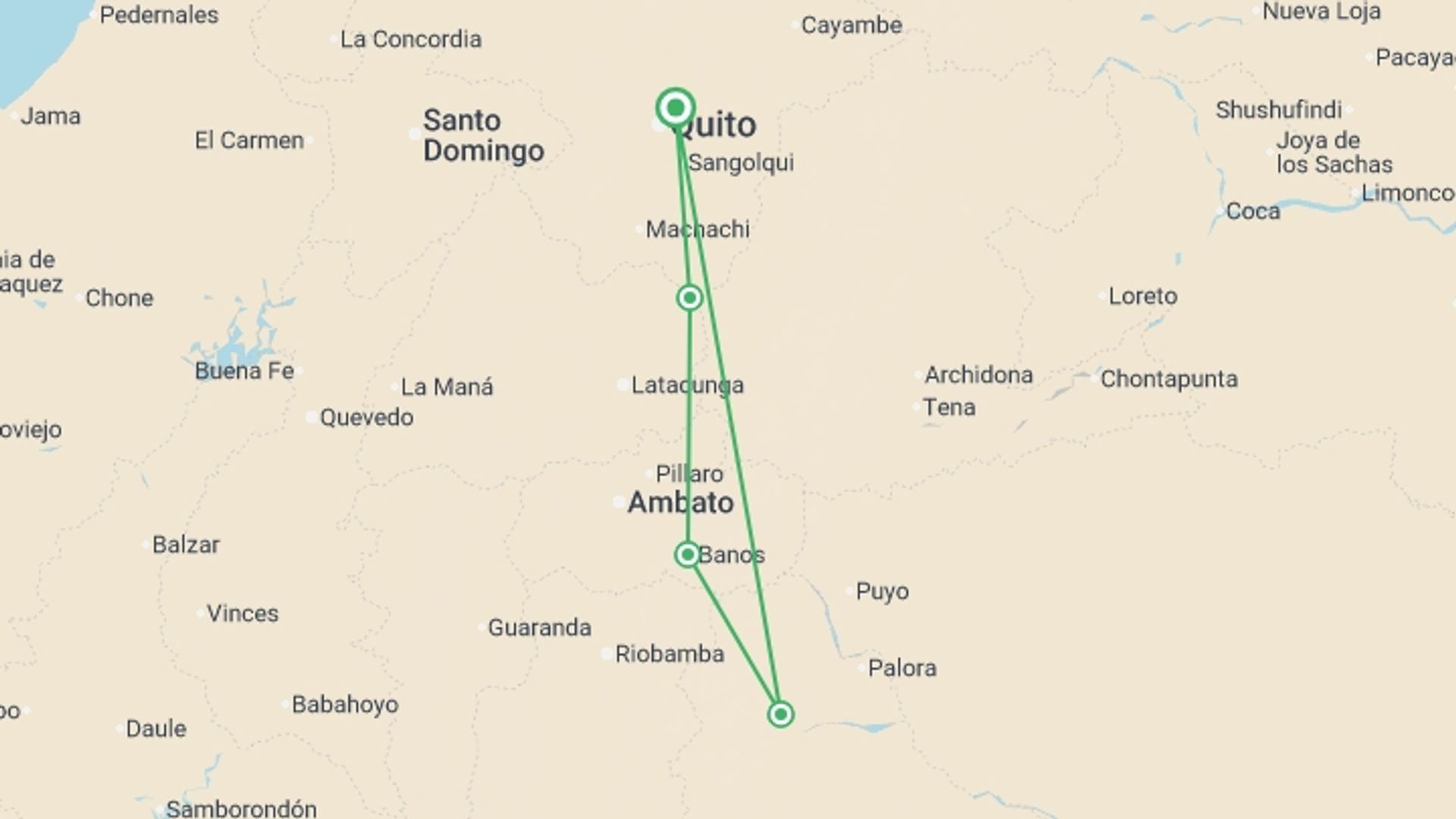 A map showing the tour itinerary for the trip: Ecuador: Cotopaxi & the Amazon Jungle, starting in Quito, Ecuador and ending in Quito, Ecuador going through 4 other destinations.