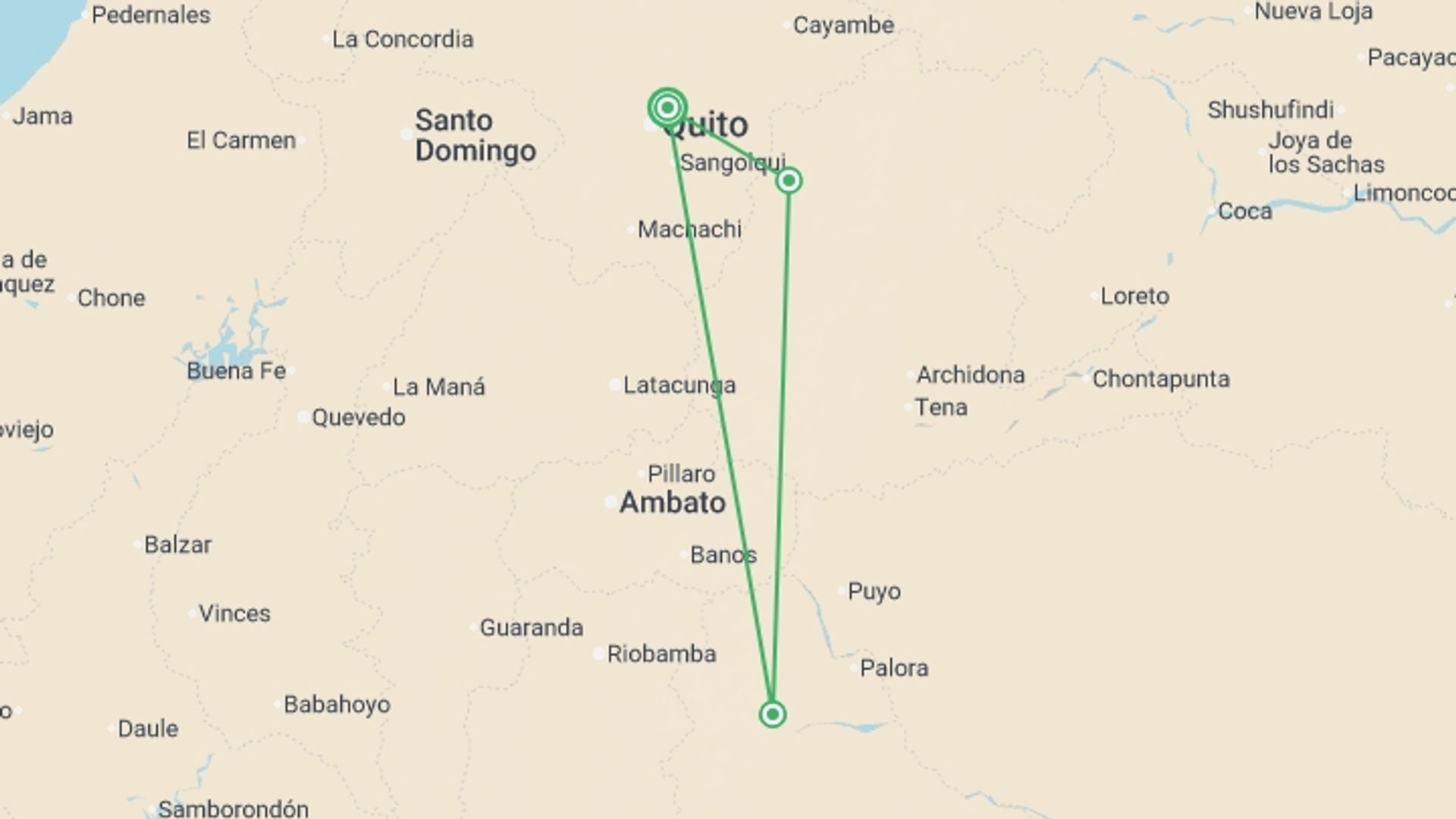 A map showing the tour itinerary for the trip: Ecuador Family Journey: Volcanoes and the Amazon, starting in Quito, Ecuador and ending in Quito, Ecuador going through 2 other destinations.
