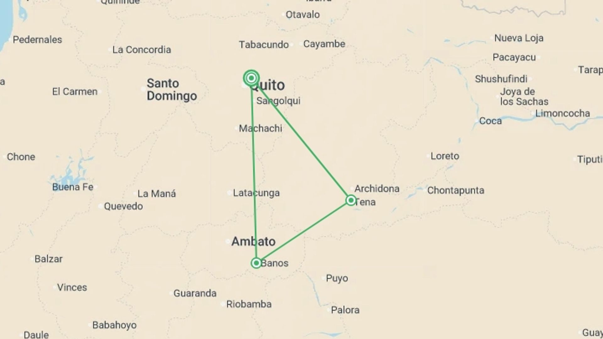 A map showing the tour itinerary for the trip: Ecuador in a Week, starting in Quito, Ecuador and ending in Quito, Ecuador going through 3 other destinations.