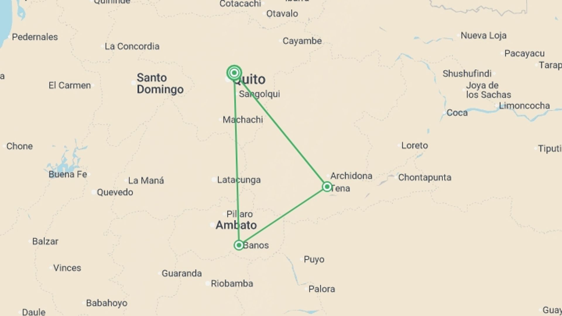 A map showing the tour itinerary for the trip: Ecuador in a Week, starting in Quito, Ecuador and ending in Quito, Ecuador going through 3 other destinations.