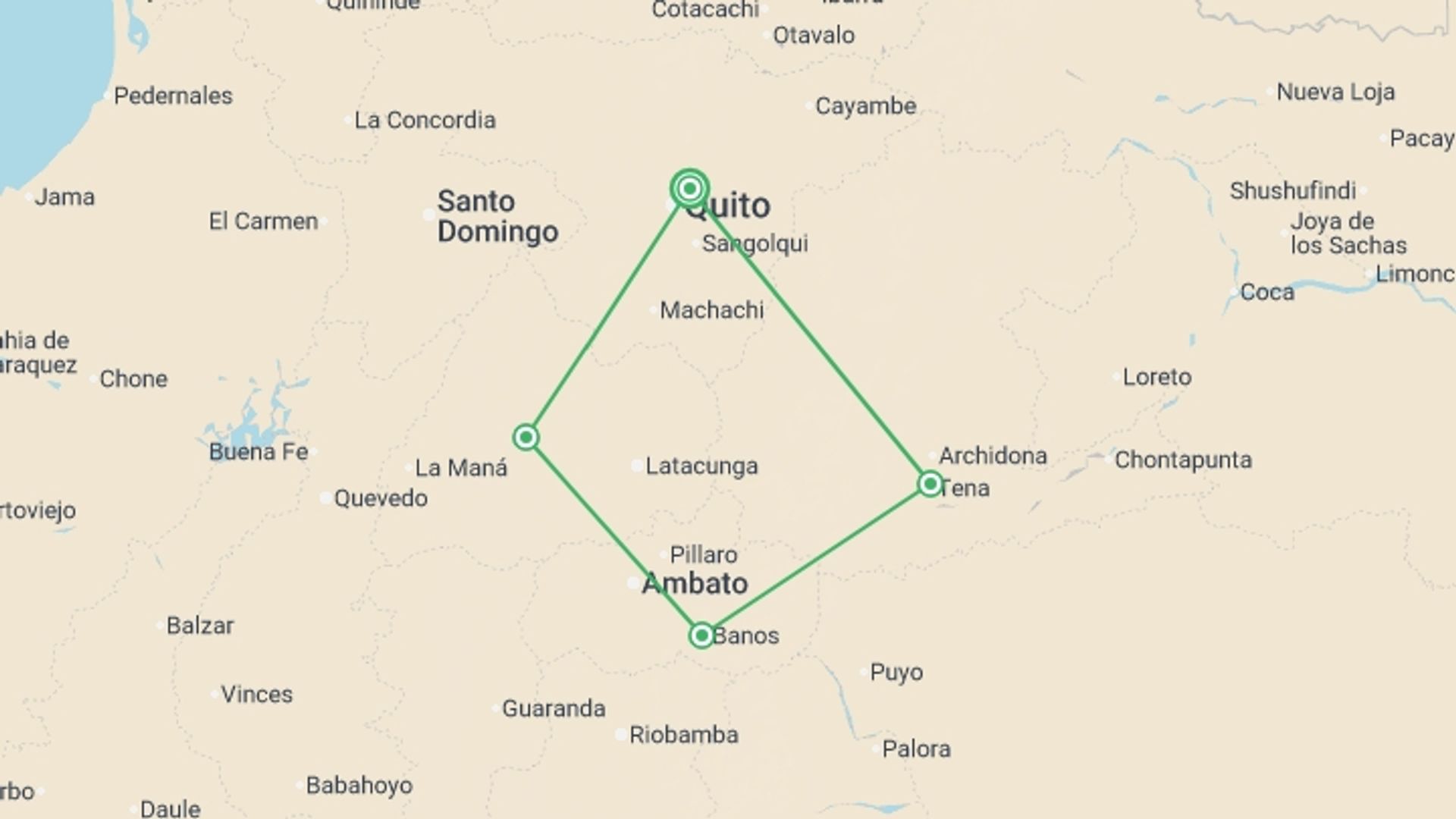 A map showing the tour itinerary for the trip: Ecuador: The Amazon, Cloud Forests & Crater Lakes, starting in Quito, Ecuador and ending in Quito, Ecuador going through 2 other destinations.